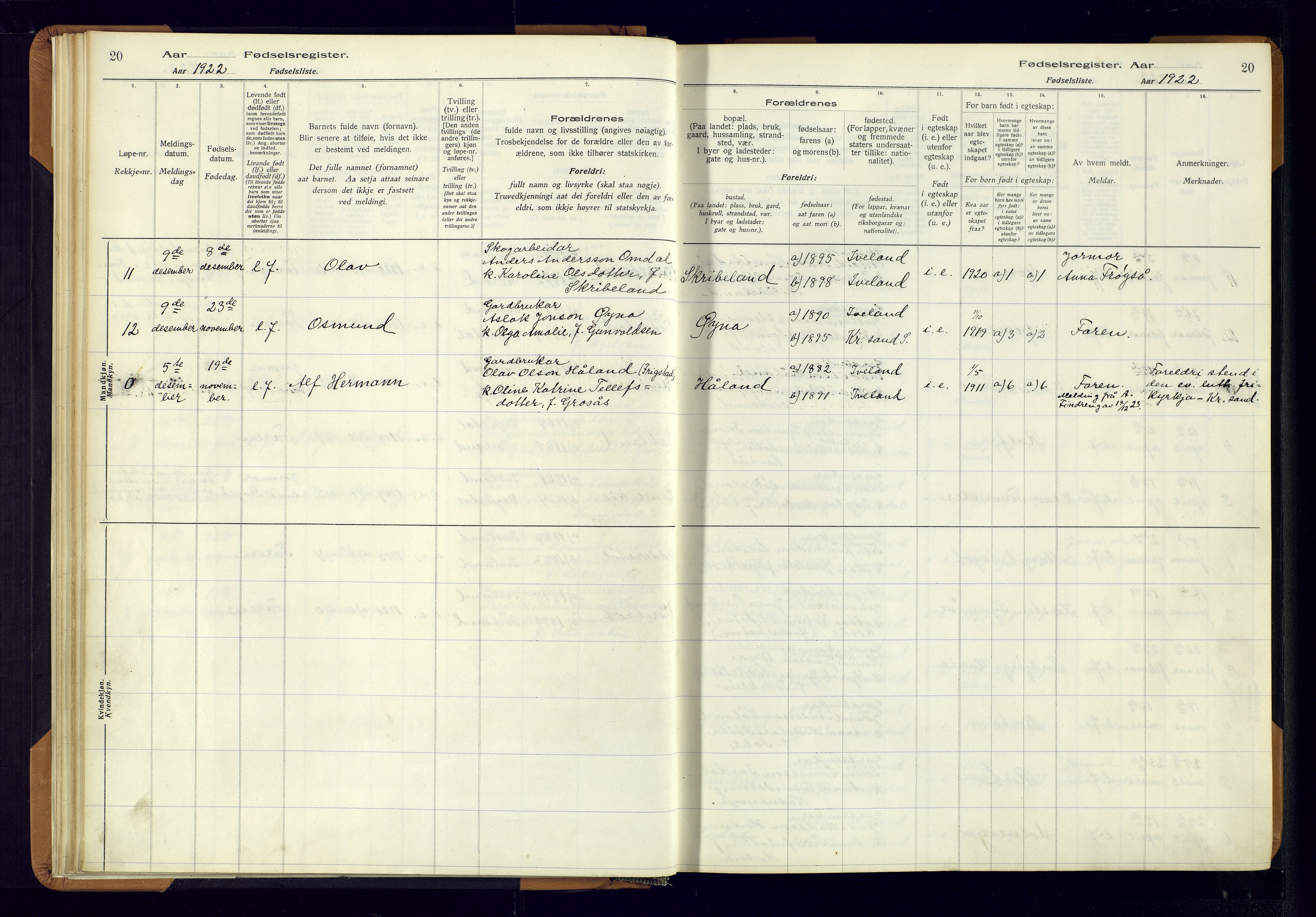 Evje sokneprestkontor, AV/SAK-1111-0008/J/Jc/L0003: Fødselsregister nr. II.4.3, 1916-1982, s. 20