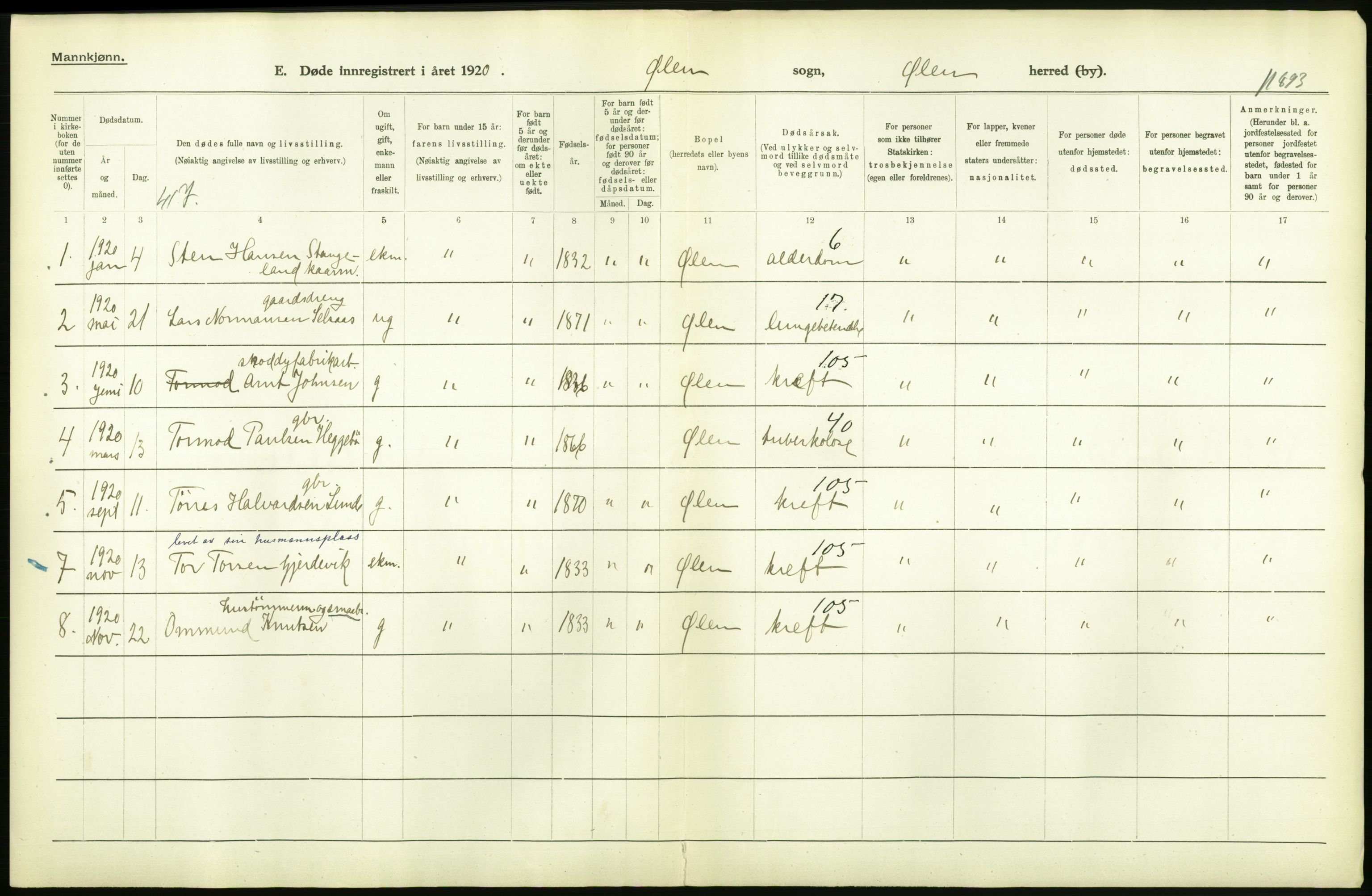 Statistisk sentralbyrå, Sosiodemografiske emner, Befolkning, AV/RA-S-2228/D/Df/Dfb/Dfbj/L0040: Hordaland fylke: Døde. Bygder., 1920, s. 34