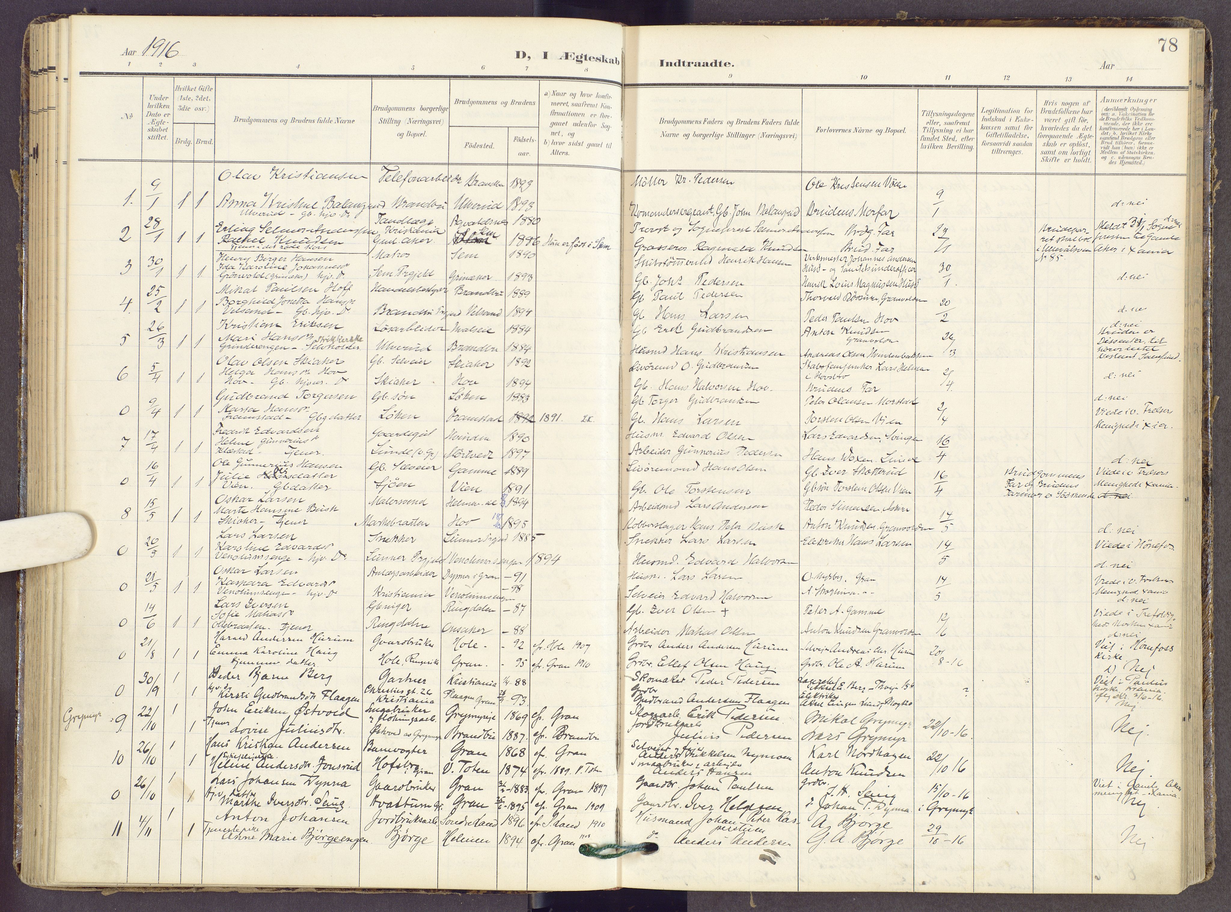 Gran prestekontor, AV/SAH-PREST-112/H/Ha/Haa/L0022: Ministerialbok nr. 22, 1908-1918, s. 78