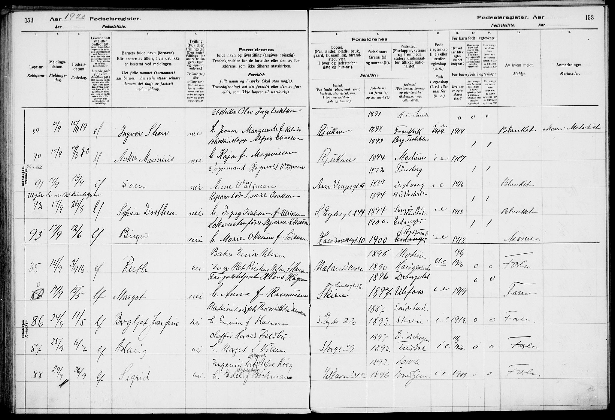 Rjukan kirkebøker, AV/SAKO-A-294/J/Ja/L0001: Fødselsregister nr. 1, 1916-1922, s. 153