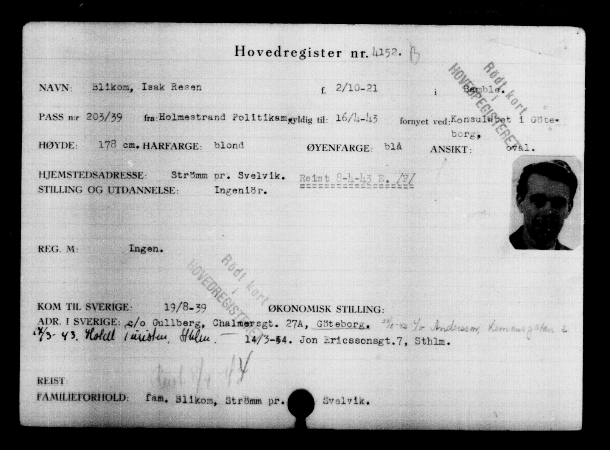 Utenriksstasjonene, Legasjonen i Stockholm, Flyktningkontoret, AV/RA-S-6753/V/Va/L0004: Kjesäterkartoteket, flyktninger med registreringsnr. 3496-6610, 1940-1945, s. 782