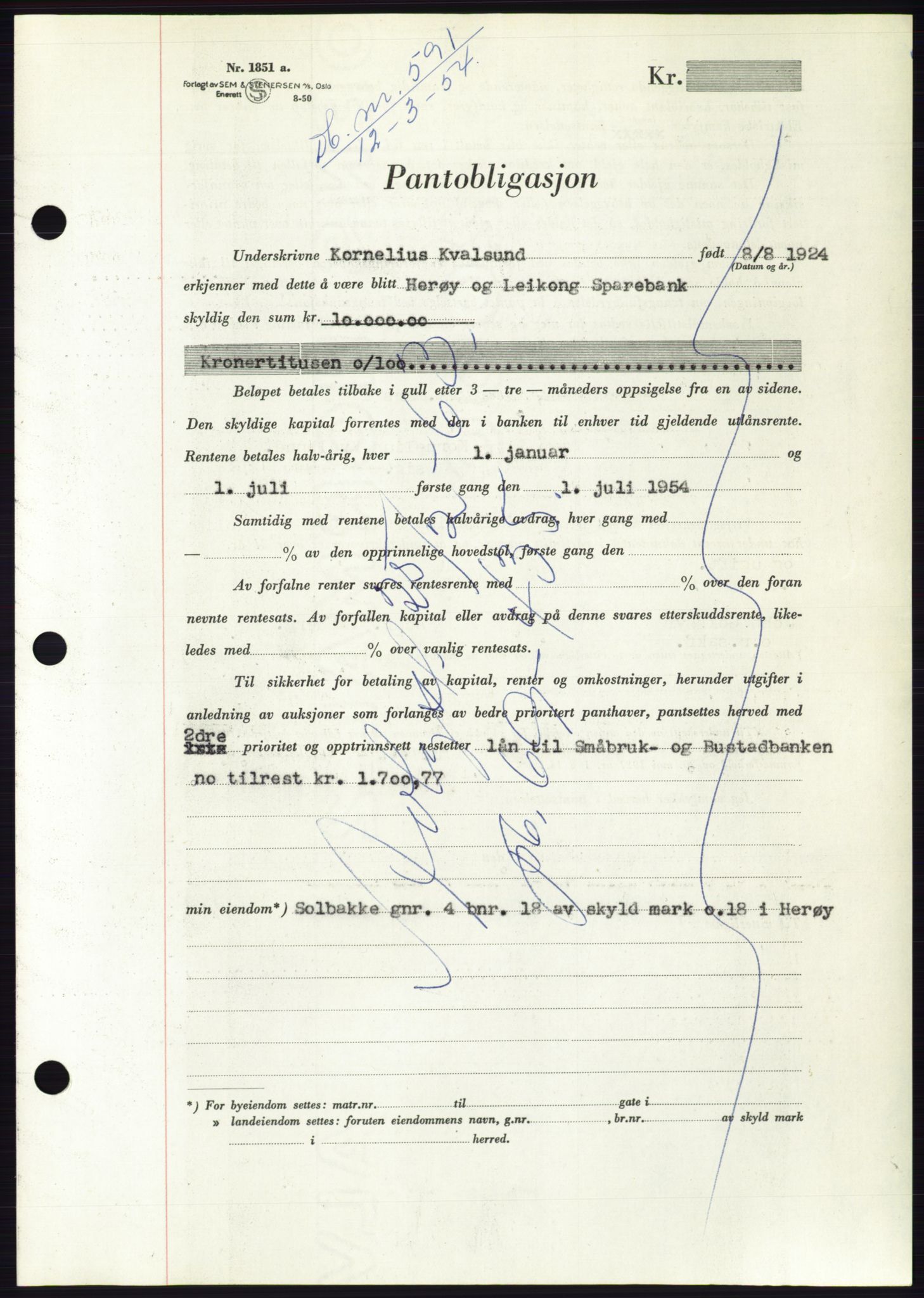 Søre Sunnmøre sorenskriveri, AV/SAT-A-4122/1/2/2C/L0124: Pantebok nr. 12B, 1953-1954, Dagboknr: 591/1954