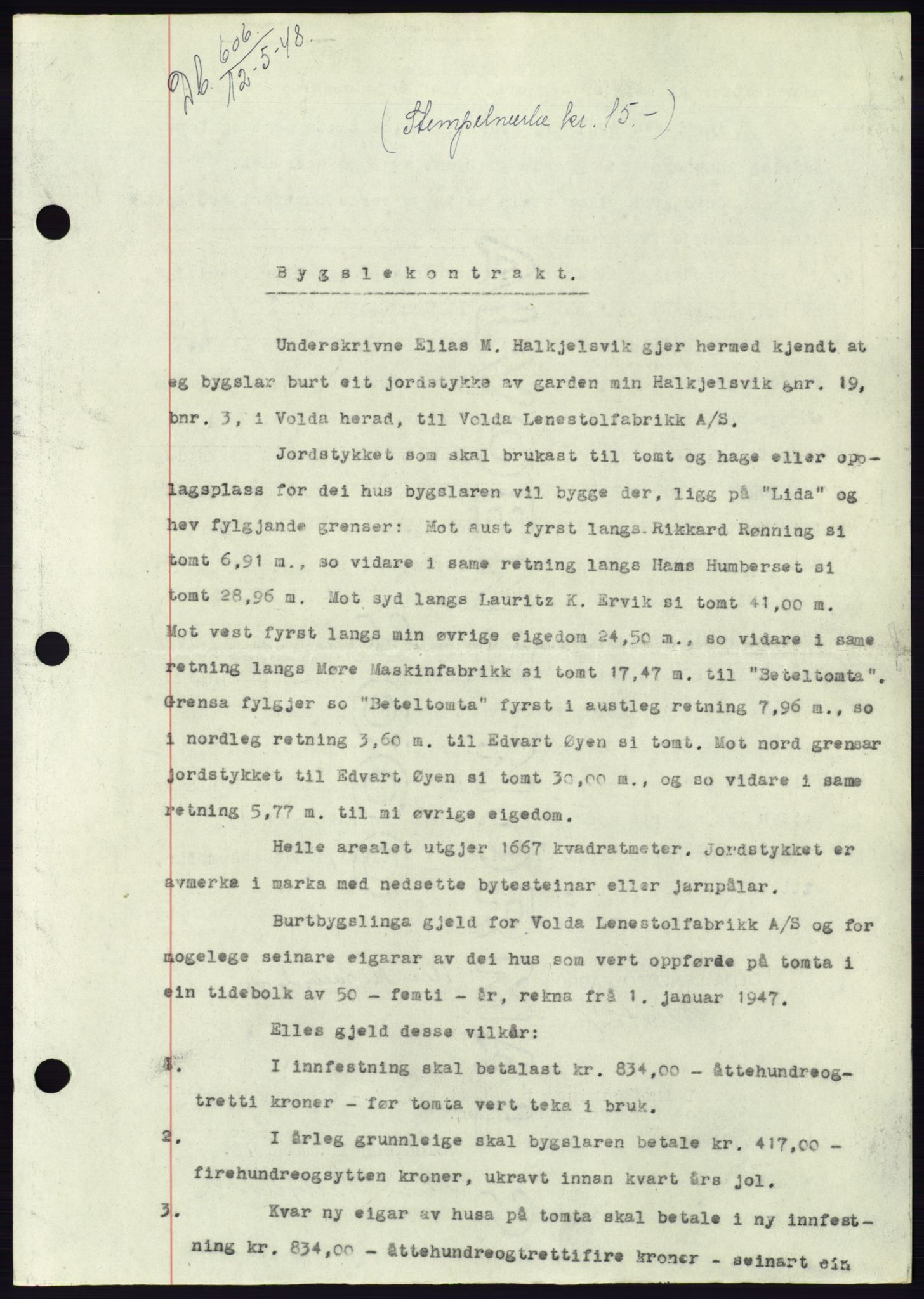 Søre Sunnmøre sorenskriveri, SAT/A-4122/1/2/2C/L0082: Pantebok nr. 8A, 1948-1948, Dagboknr: 606/1948