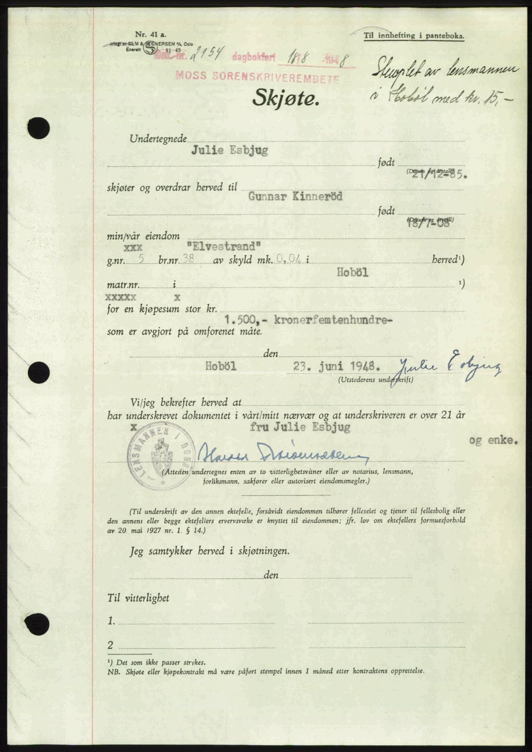 Moss sorenskriveri, SAO/A-10168: Pantebok nr. A20, 1948-1948, Dagboknr: 2154/1948