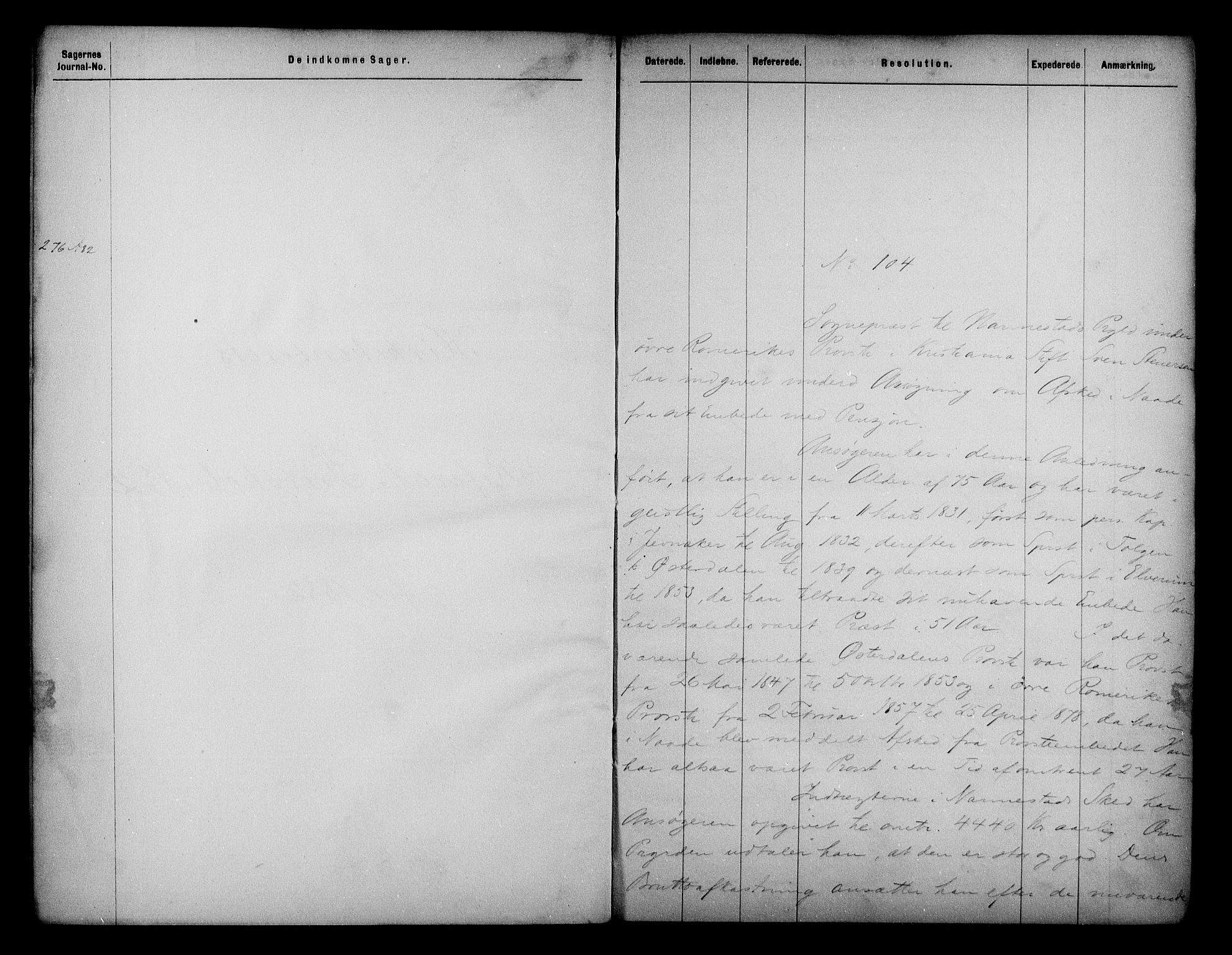 Kirke- og undervisningsdepartementet, Kontoret  for kirke og geistlighet A, AV/RA-S-1007/A/Aa/L0215: Referatprotokoll bd. 2. Ref.nr. 104-224, 1882