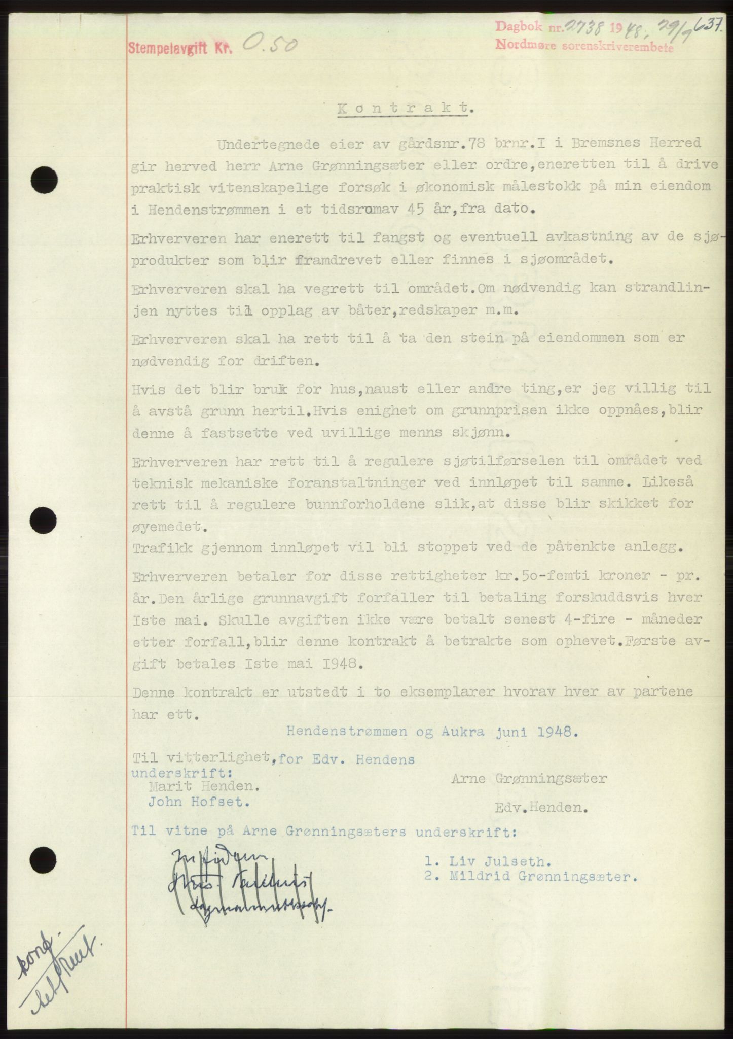 Nordmøre sorenskriveri, SAT/A-4132/1/2/2Ca: Pantebok nr. B99, 1948-1948, Dagboknr: 2738/1948