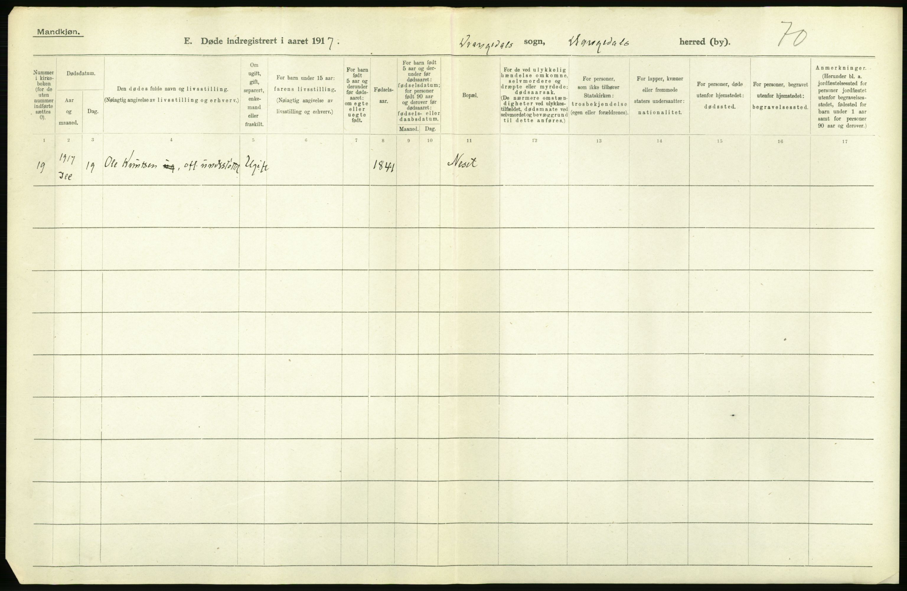 Statistisk sentralbyrå, Sosiodemografiske emner, Befolkning, RA/S-2228/D/Df/Dfb/Dfbg/L0026: Bratsberg amt: Døde, dødfødte. Bygder og byer., 1917, s. 6