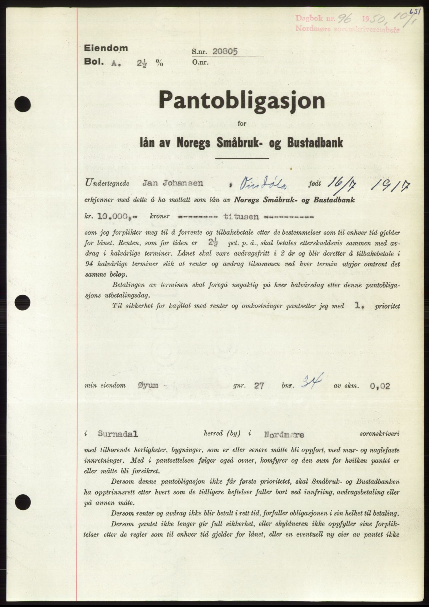 Nordmøre sorenskriveri, SAT/A-4132/1/2/2Ca: Pantebok nr. B103, 1949-1950, Dagboknr: 96/1950