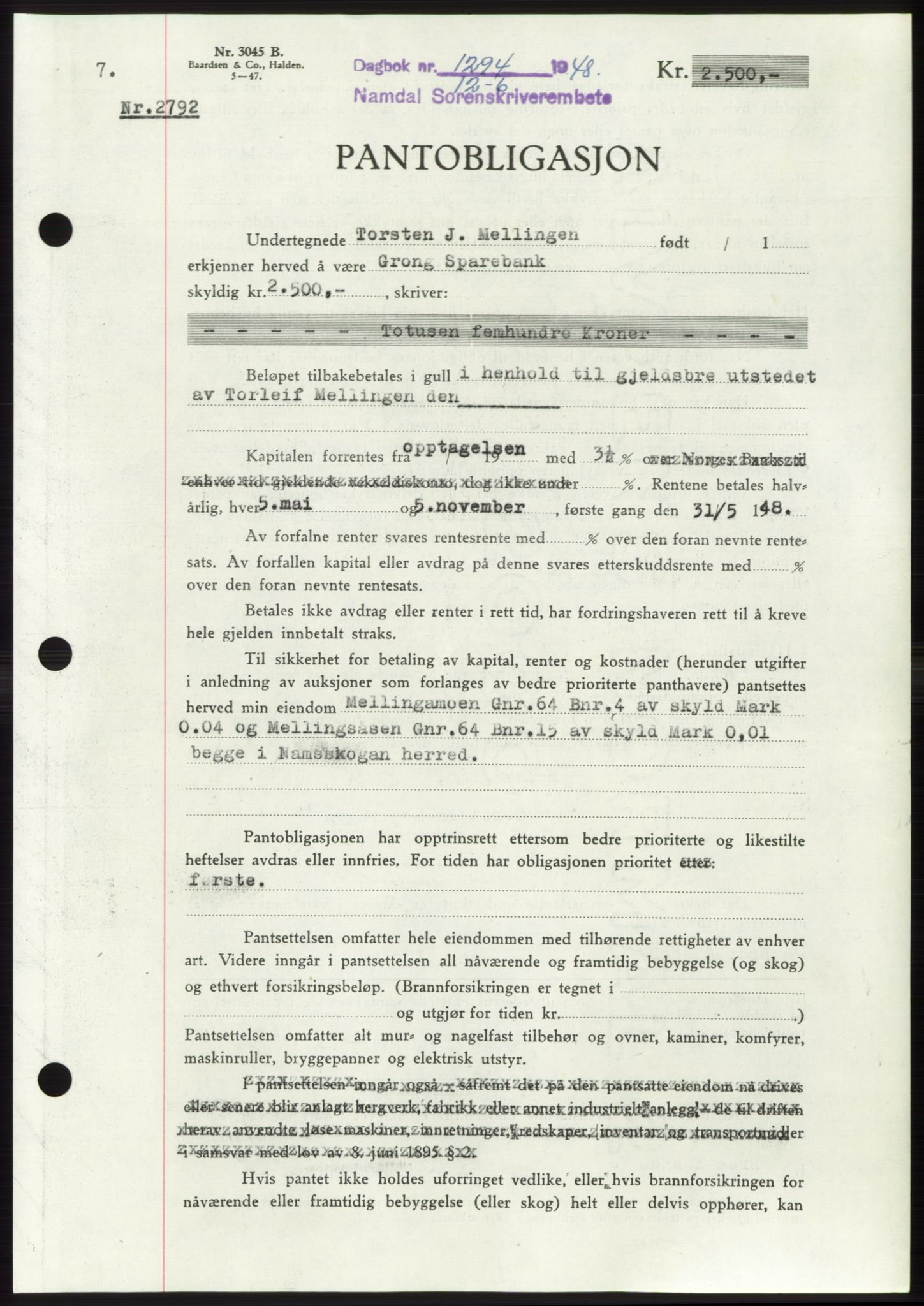 Namdal sorenskriveri, SAT/A-4133/1/2/2C: Pantebok nr. -, 1948-1948, Dagboknr: 1294/1948
