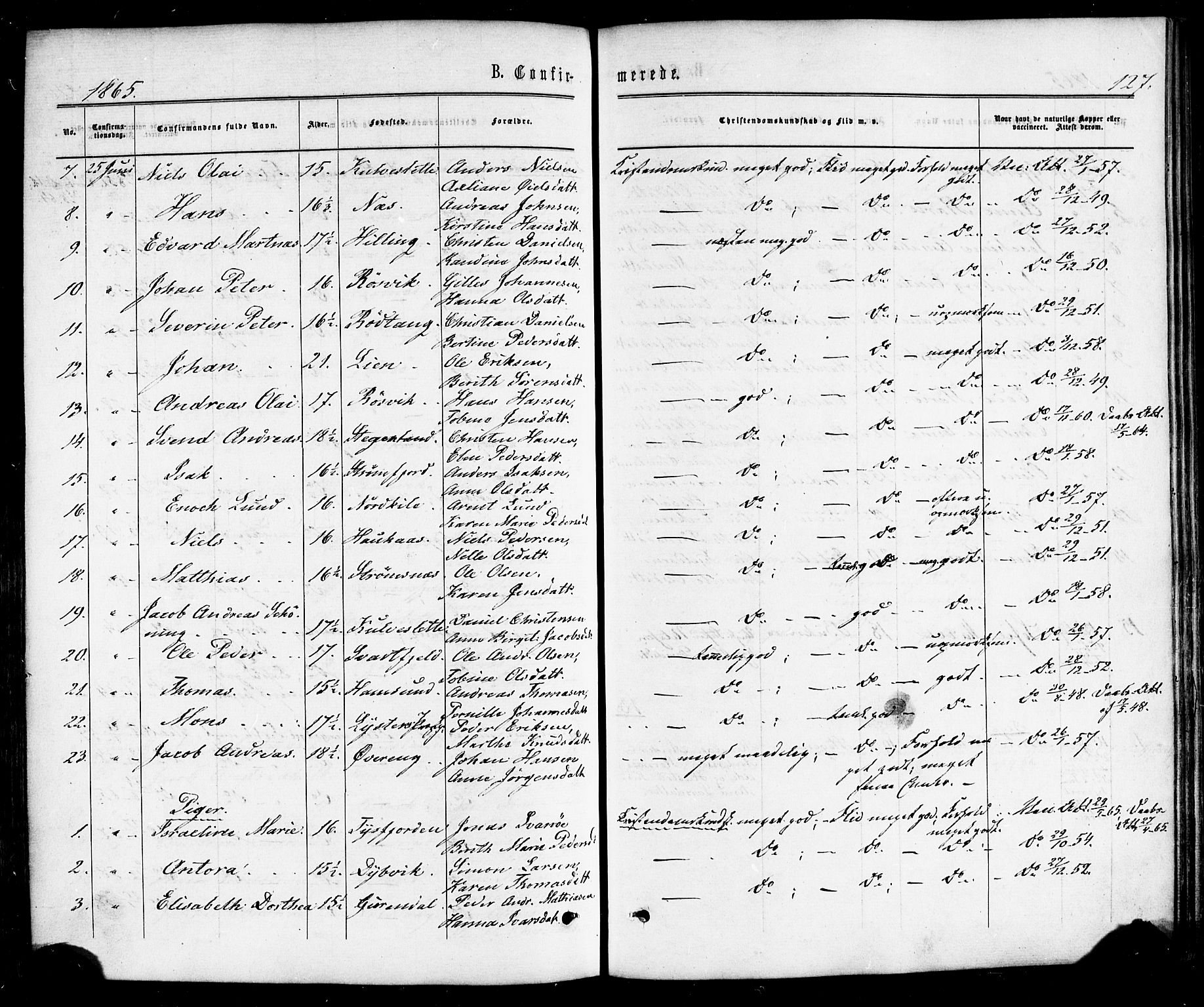 Ministerialprotokoller, klokkerbøker og fødselsregistre - Nordland, AV/SAT-A-1459/859/L0845: Ministerialbok nr. 859A05, 1863-1877, s. 127