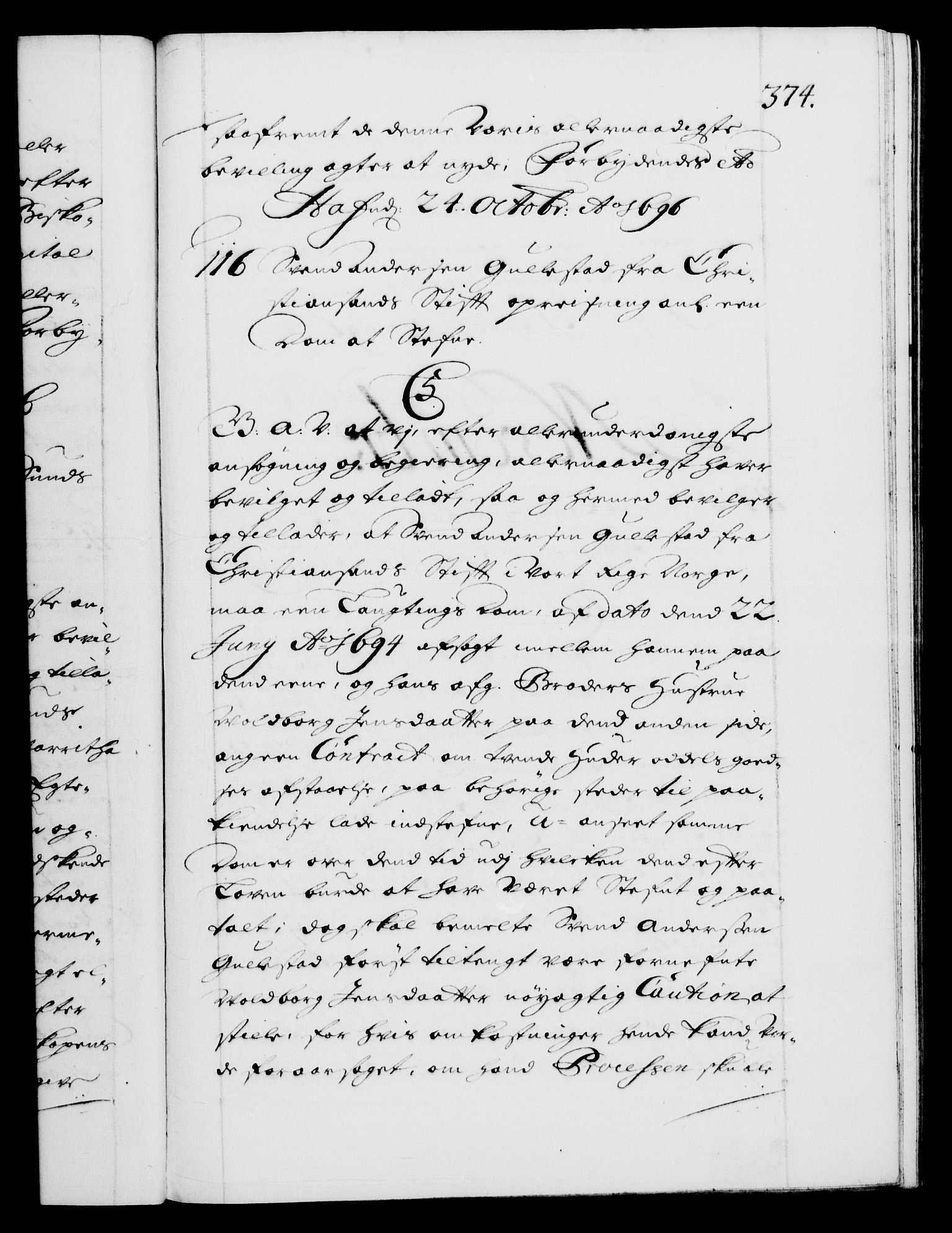 Danske Kanselli 1572-1799, RA/EA-3023/F/Fc/Fca/Fcaa/L0016: Norske registre (mikrofilm), 1692-1697, s. 374a
