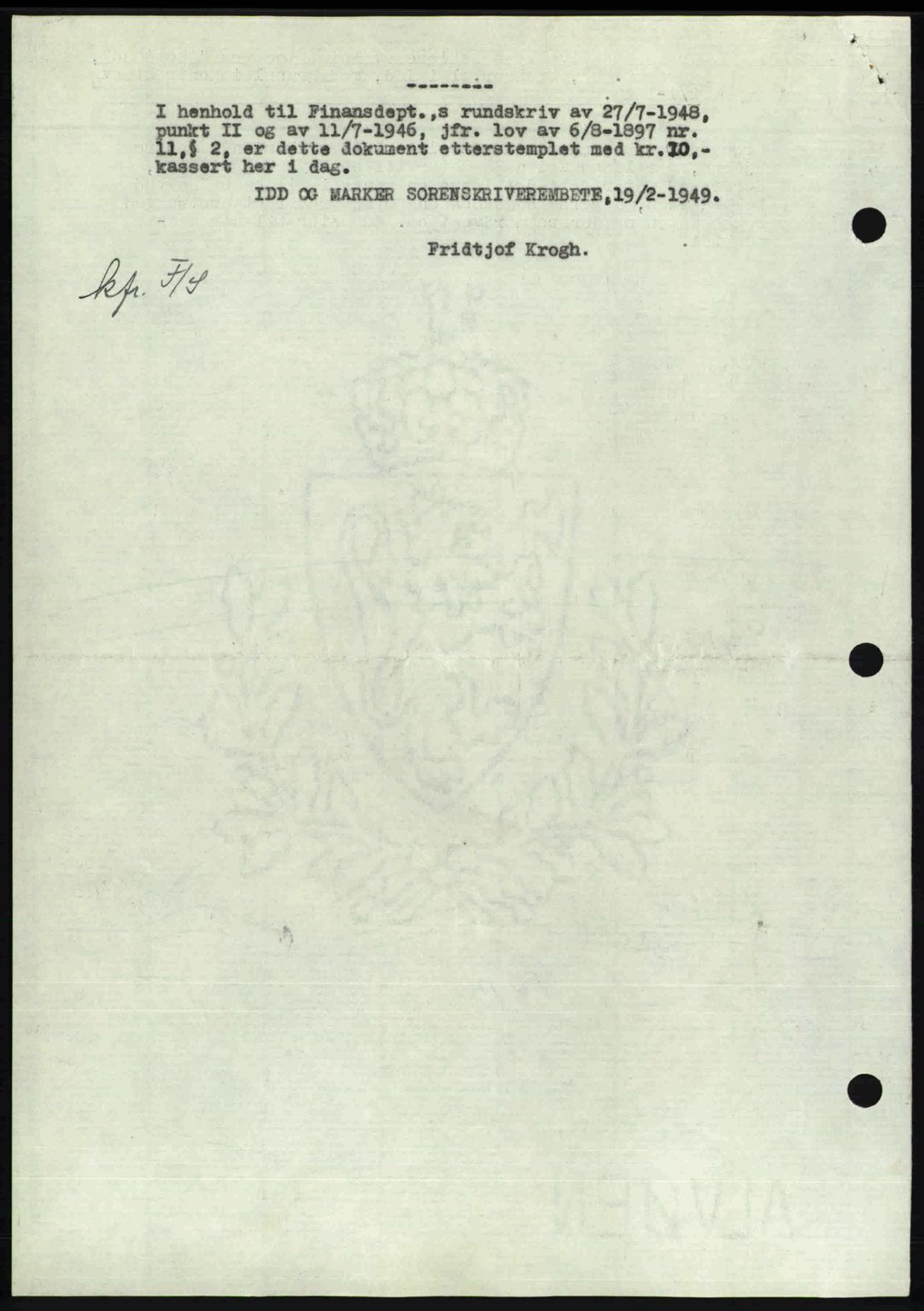 Idd og Marker sorenskriveri, SAO/A-10283/G/Gb/Gbb/L0011: Pantebok nr. A11, 1948-1949, Dagboknr: 316/1949