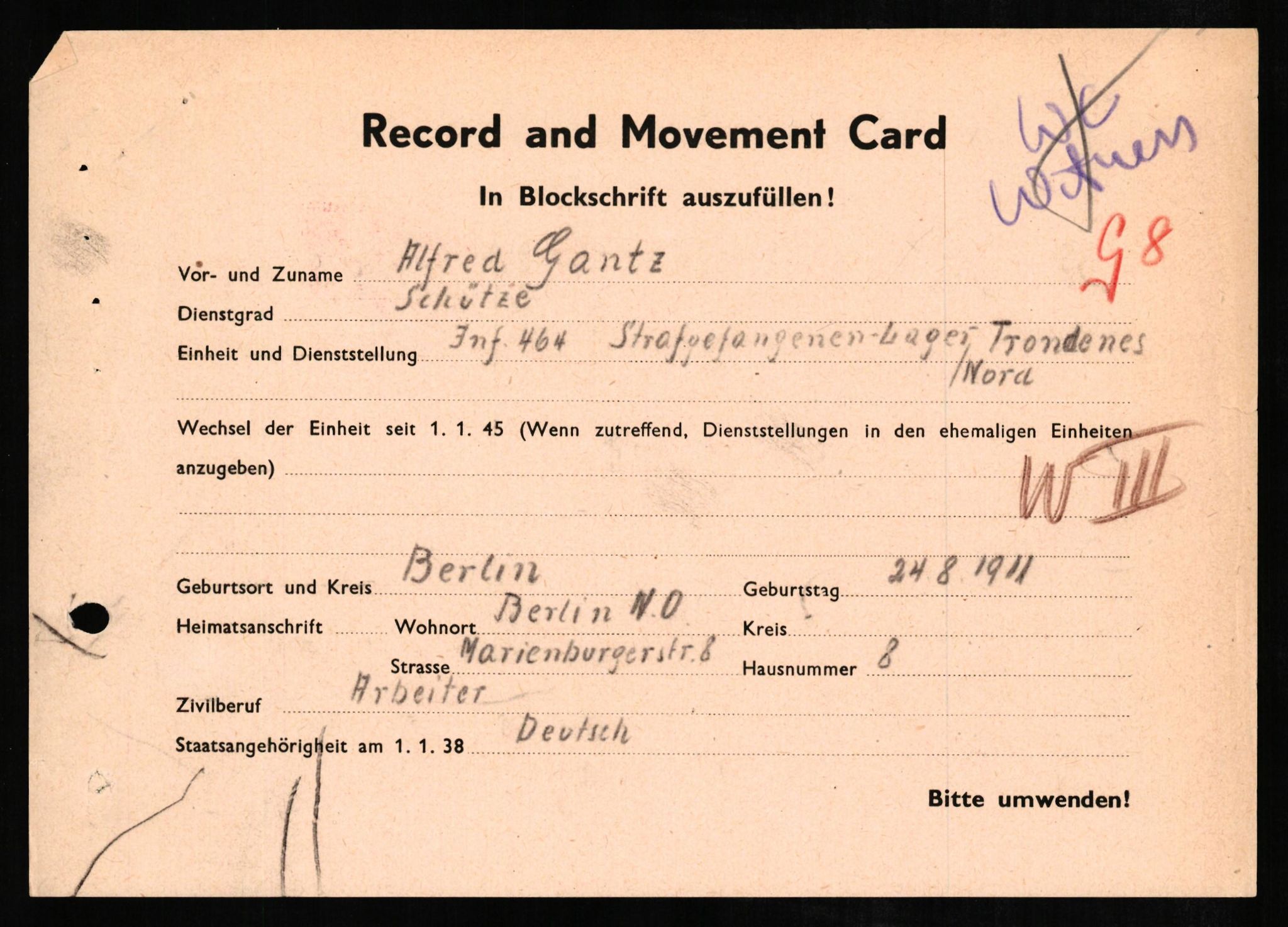 Forsvaret, Forsvarets overkommando II, AV/RA-RAFA-3915/D/Db/L0009: CI Questionaires. Tyske okkupasjonsstyrker i Norge. Tyskere., 1945-1946, s. 139