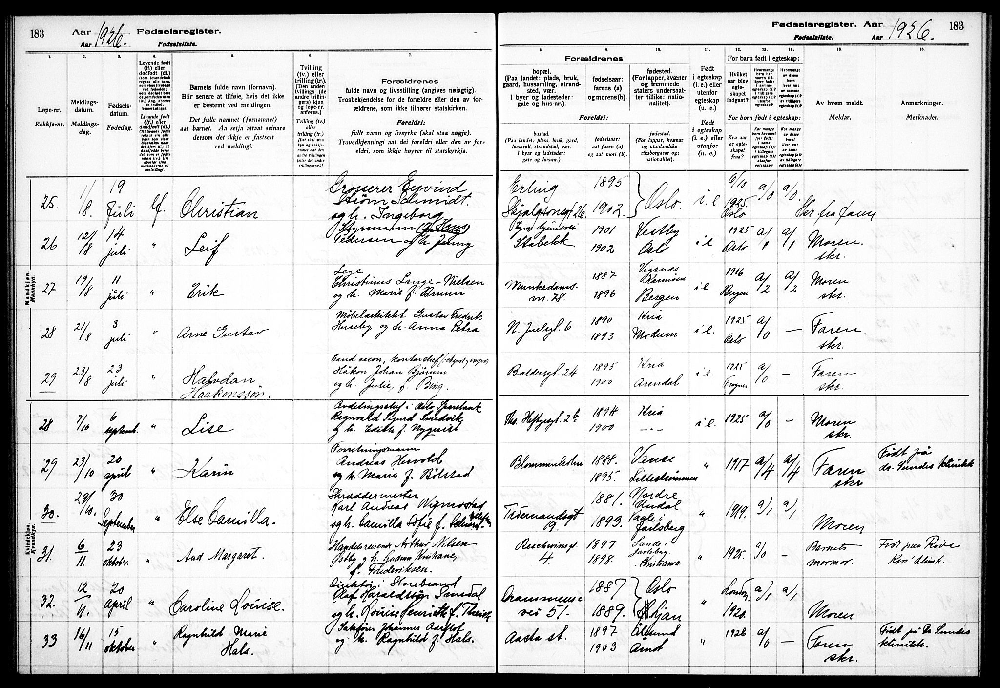 Frogner prestekontor Kirkebøker, AV/SAO-A-10886/J/Ja/L0001: Fødselsregister nr. 1, 1916-1927, s. 183