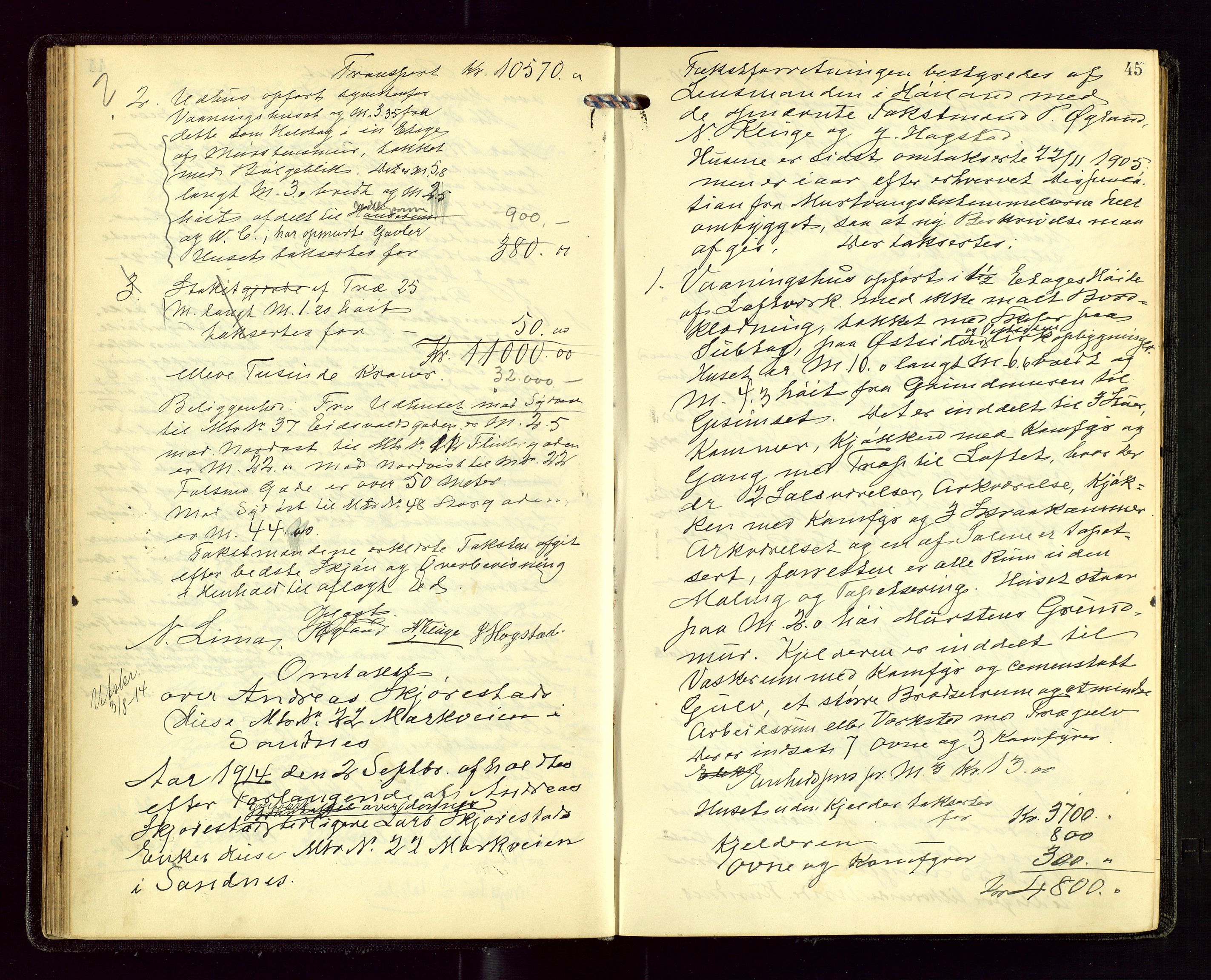 Sandnes lensmannskontor, AV/SAST-A-100167/Goa/L0001: "Brandtakstprotokol", 1913-1919, s. 44b-45a