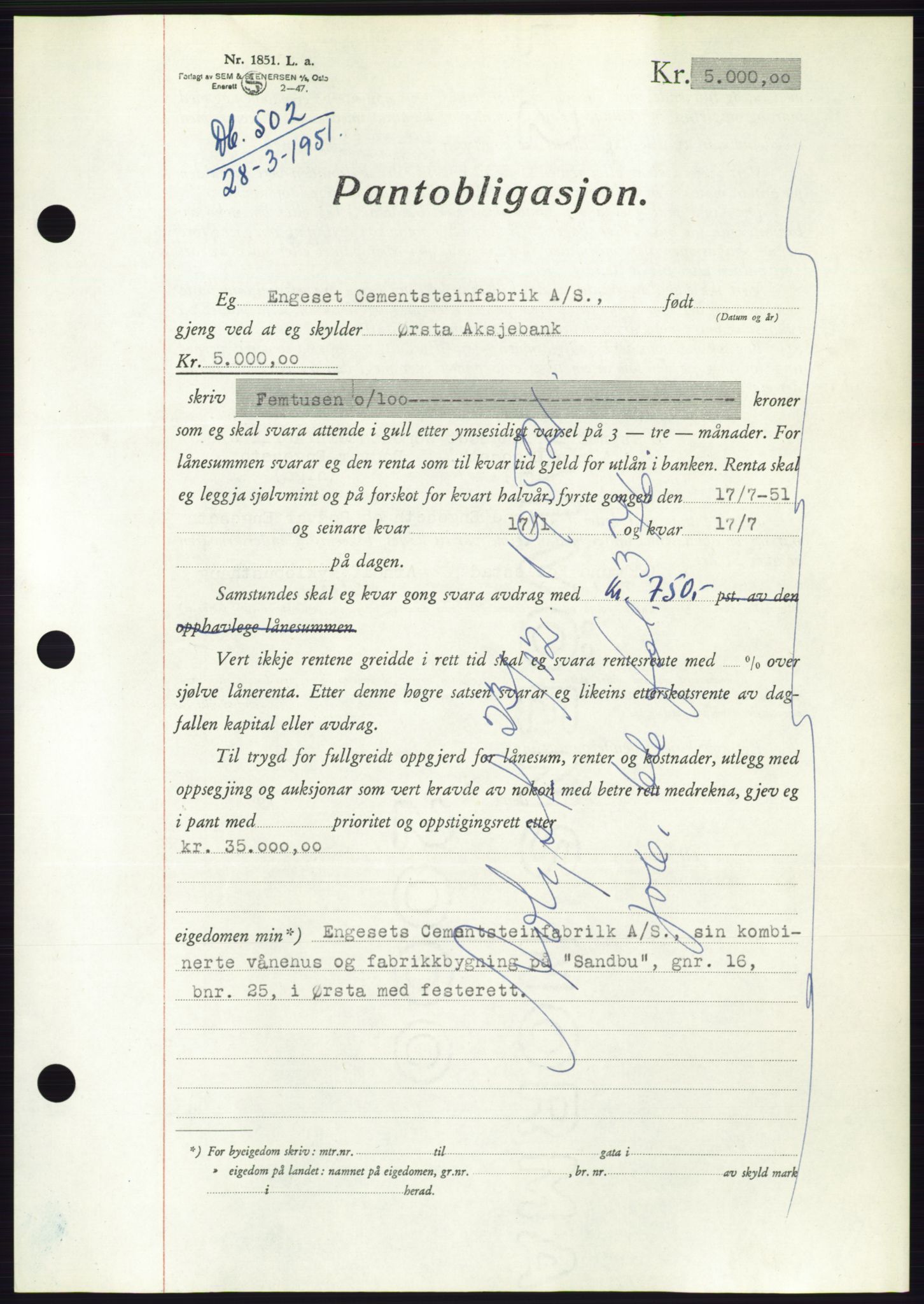 Søre Sunnmøre sorenskriveri, SAT/A-4122/1/2/2C/L0119: Pantebok nr. 7B, 1950-1951, Dagboknr: 502/1951