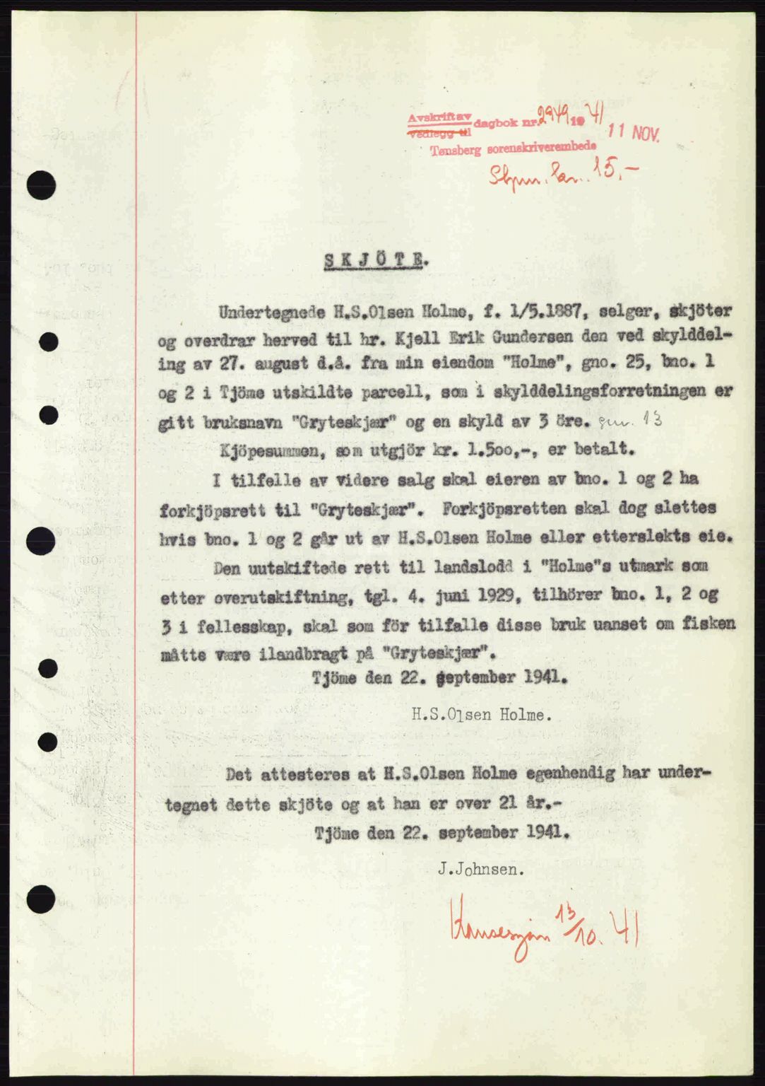 Tønsberg sorenskriveri, AV/SAKO-A-130/G/Ga/Gaa/L0010: Pantebok nr. A10, 1941-1941, Dagboknr: 2949/1941