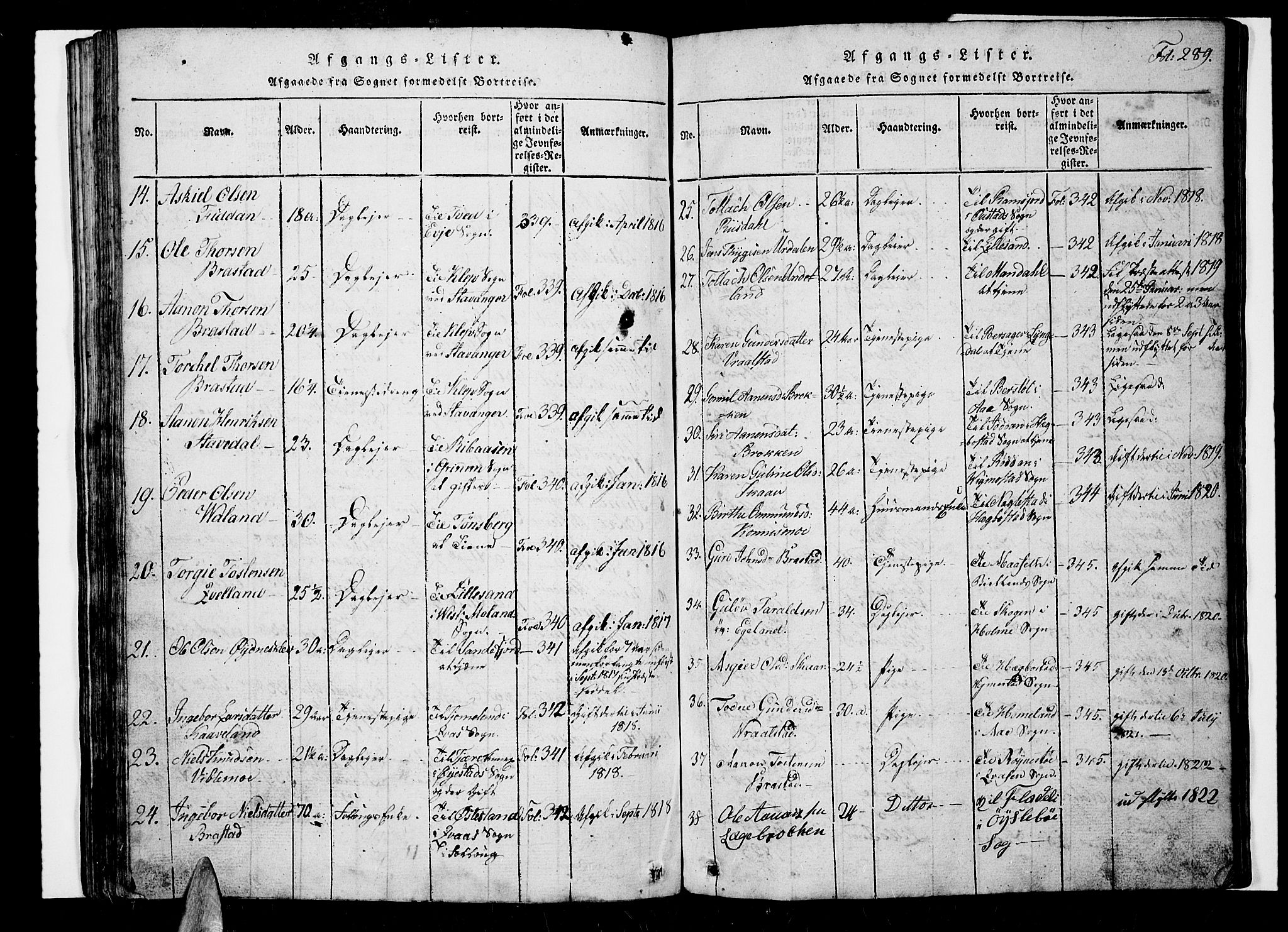 Nord-Audnedal sokneprestkontor, AV/SAK-1111-0032/F/Fb/Fba/L0001: Klokkerbok nr. B 1, 1815-1856, s. 289