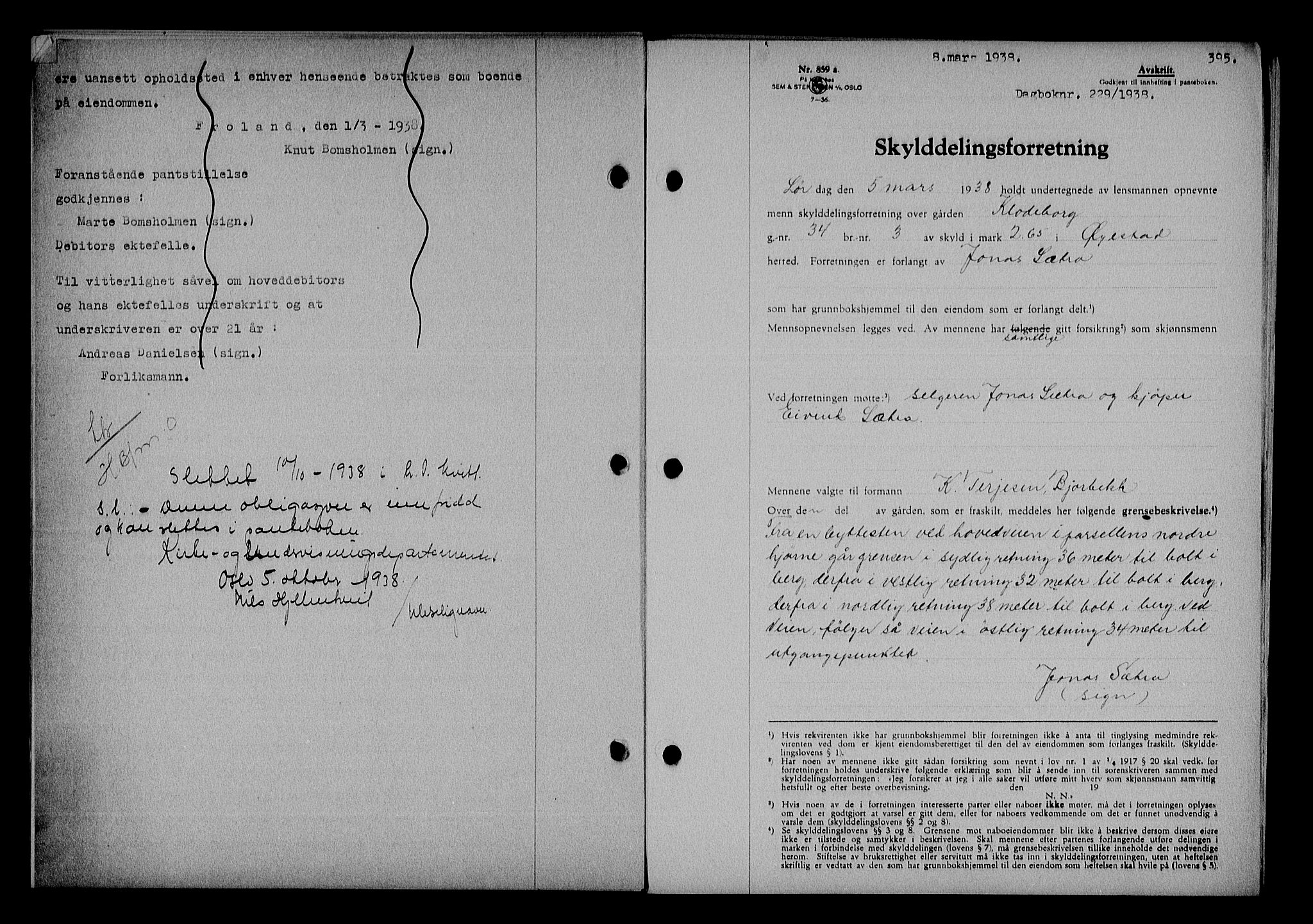 Nedenes sorenskriveri, AV/SAK-1221-0006/G/Gb/Gba/L0044: Pantebok nr. 40, 1937-1938, Dagboknr: 229/1938
