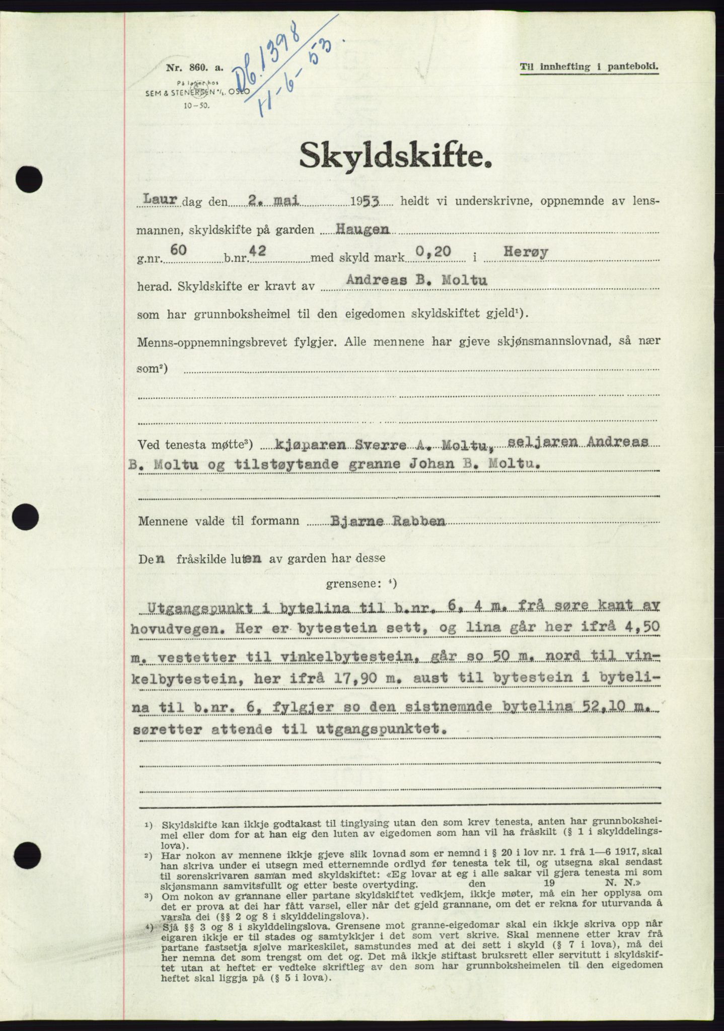 Søre Sunnmøre sorenskriveri, AV/SAT-A-4122/1/2/2C/L0095: Pantebok nr. 21A, 1953-1953, Dagboknr: 1398/1953
