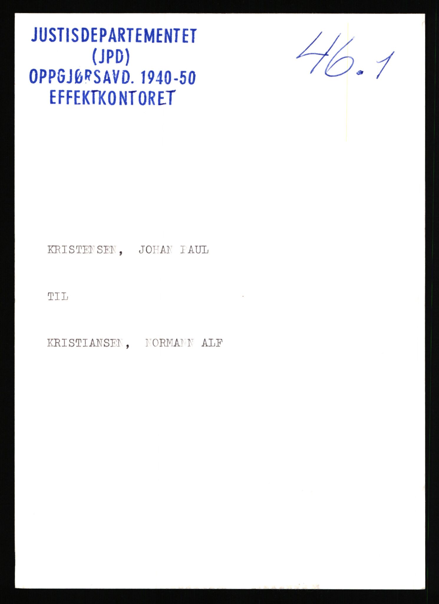 Justisdepartementet, Oppgjørsavdelingen, AV/RA-S-1056/G/Gb/L0046: Oppgaver over ettersøkte sivile effekter. Kristensen, Johan P. - Krogstad, Rolf, 1940-1942, s. 1