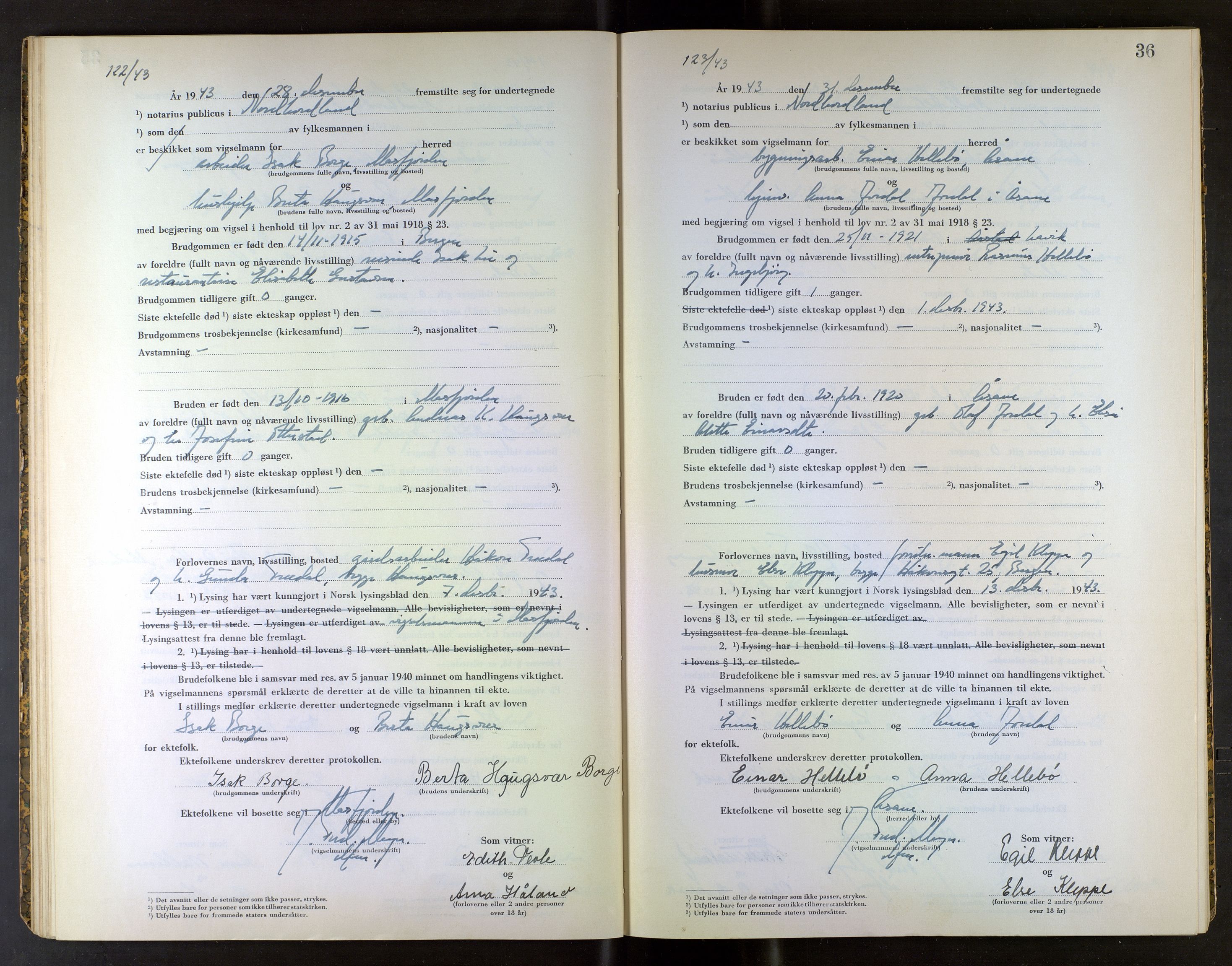 Nordhordland sorenskrivar, AV/SAB-A-2901/1/M/Mb/Mba/L0003: Vigselbøker, 1943-1945, s. 36