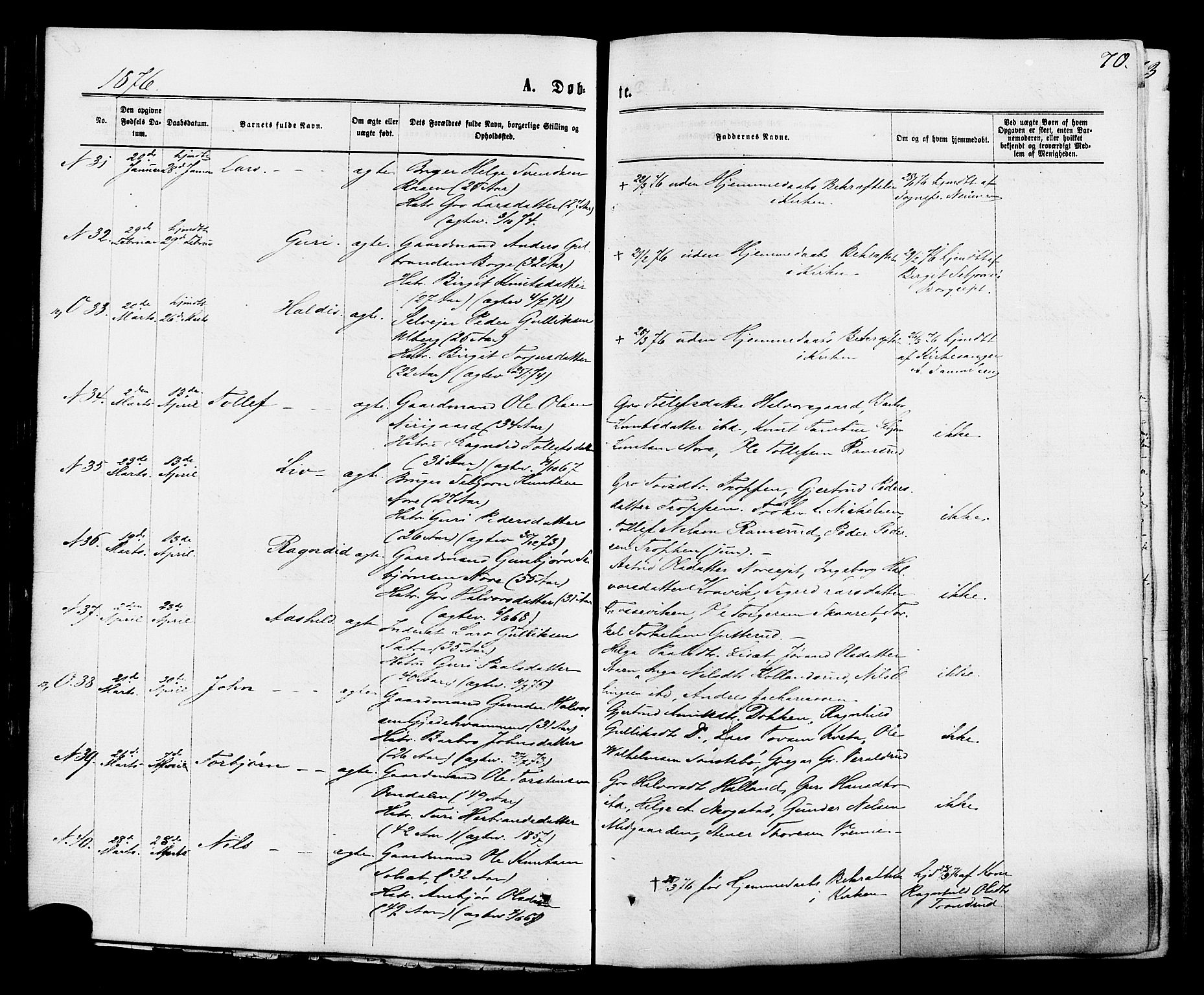 Nore kirkebøker, AV/SAKO-A-238/F/Fa/L0004: Ministerialbok nr. I 4, 1867-1877, s. 70