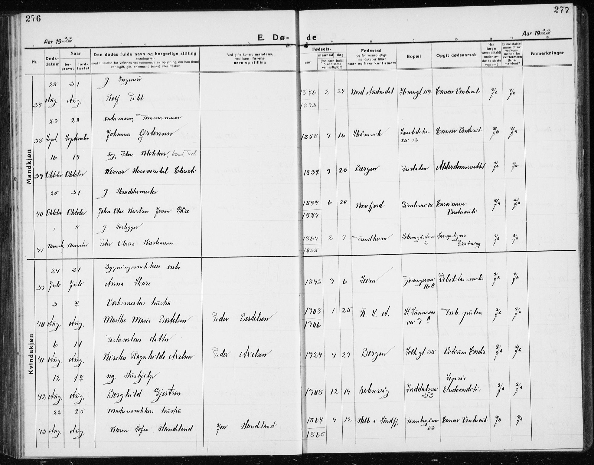 Årstad Sokneprestembete, AV/SAB-A-79301/H/Hab/L0025: Klokkerbok nr. D 2, 1922-1940, s. 276-277