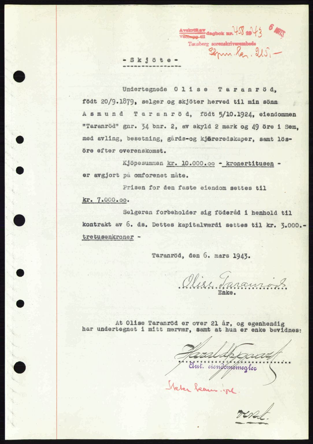 Jarlsberg sorenskriveri, SAKO/A-131/G/Ga/Gaa/L0013: Pantebok nr. A-13, 1942-1943, Dagboknr: 458/1943