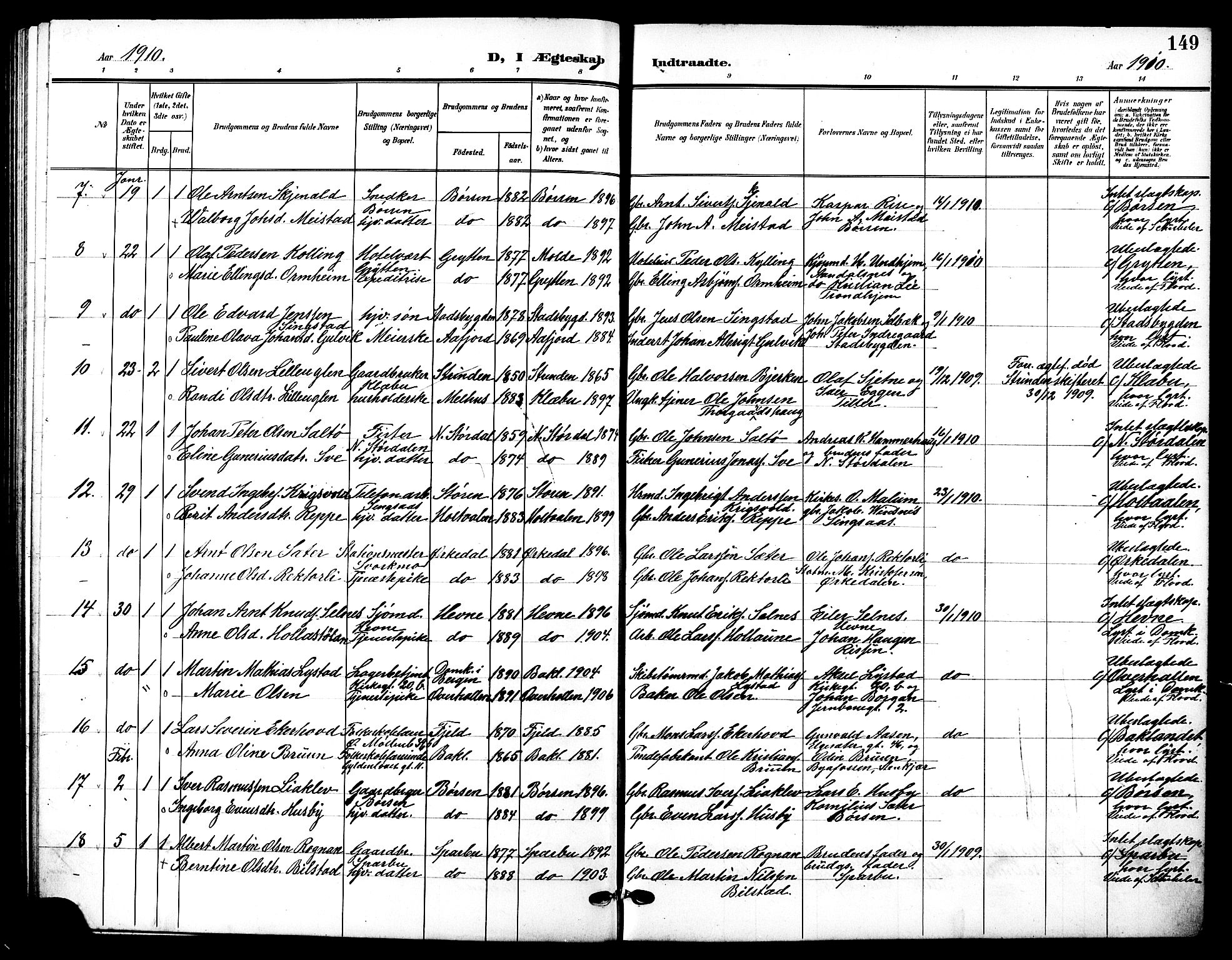 Ministerialprotokoller, klokkerbøker og fødselsregistre - Sør-Trøndelag, AV/SAT-A-1456/601/L0095: Klokkerbok nr. 601C13, 1902-1911, s. 149