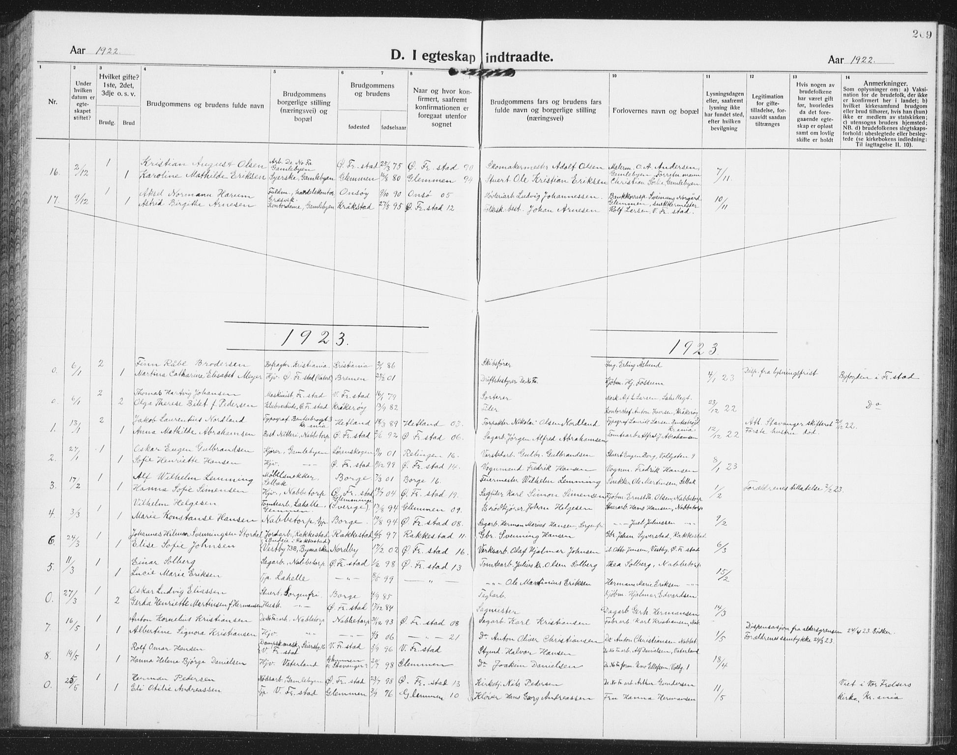 Østre Fredrikstad prestekontor Kirkebøker, AV/SAO-A-10907/G/Ga/L0003: Klokkerbok nr. 3, 1920-1940, s. 209