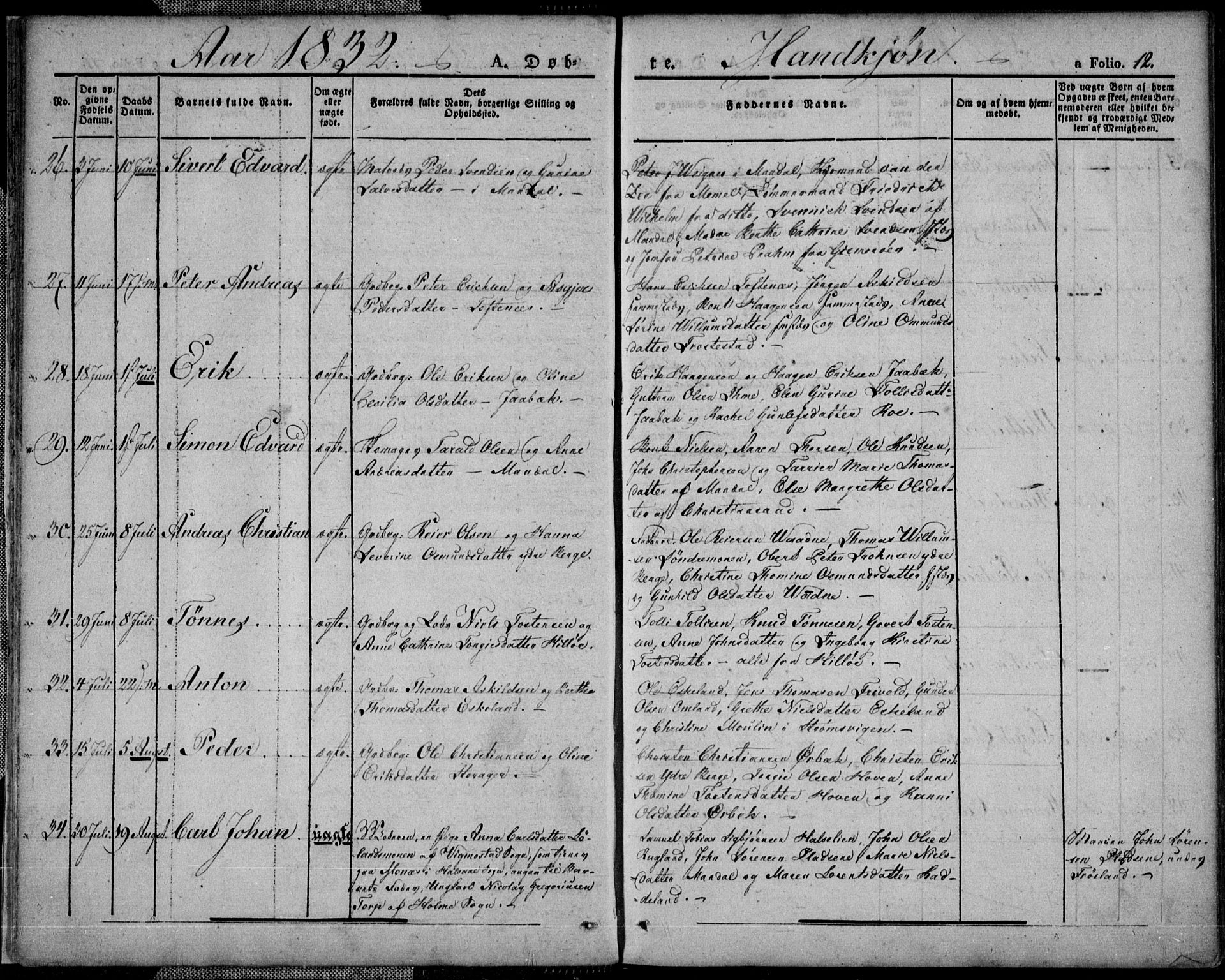 Mandal sokneprestkontor, AV/SAK-1111-0030/F/Fa/Faa/L0011: Ministerialbok nr. A 11, 1830-1839, s. 12