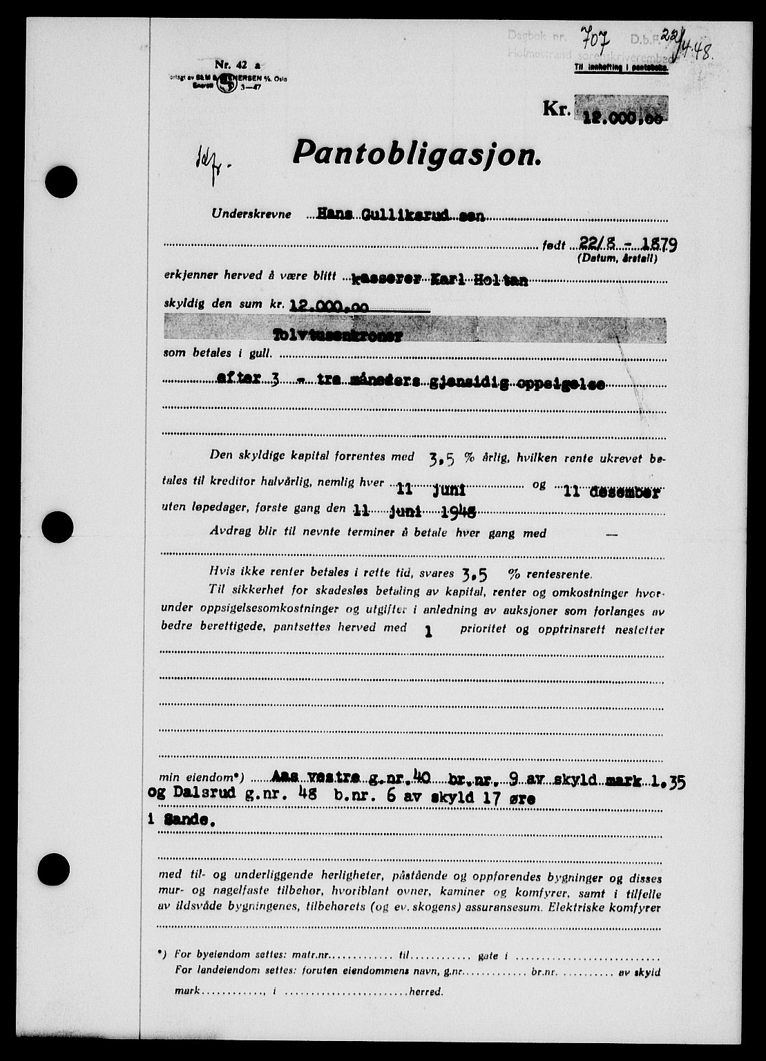 Holmestrand sorenskriveri, SAKO/A-67/G/Ga/Gab/L0058: Pantebok nr. B-58, 1947-1948, Dagboknr: 707/1948