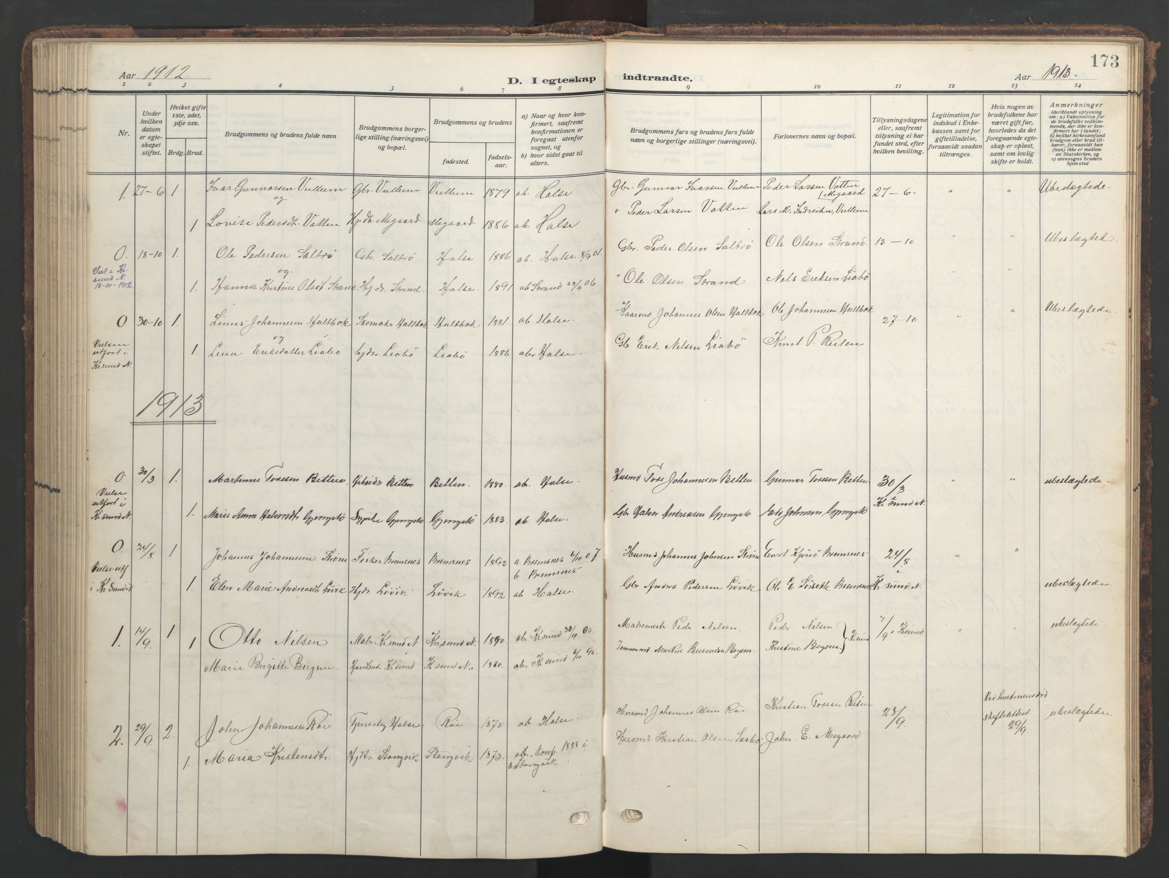 Ministerialprotokoller, klokkerbøker og fødselsregistre - Møre og Romsdal, SAT/A-1454/576/L0891: Klokkerbok nr. 576C02, 1909-1946, s. 173