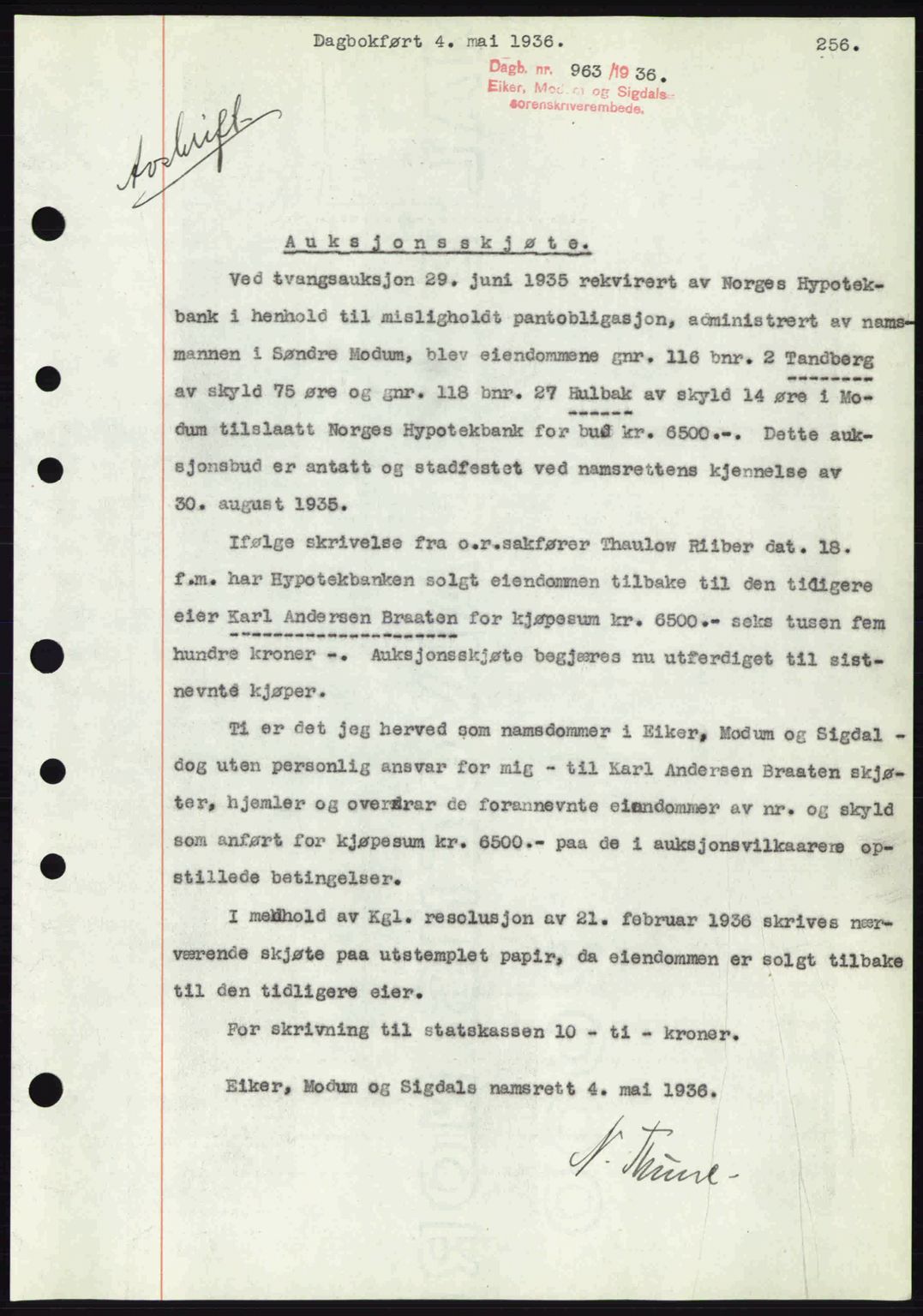 Eiker, Modum og Sigdal sorenskriveri, SAKO/A-123/G/Ga/Gab/L0032: Pantebok nr. A2, 1936-1936, Dagboknr: 963/1936