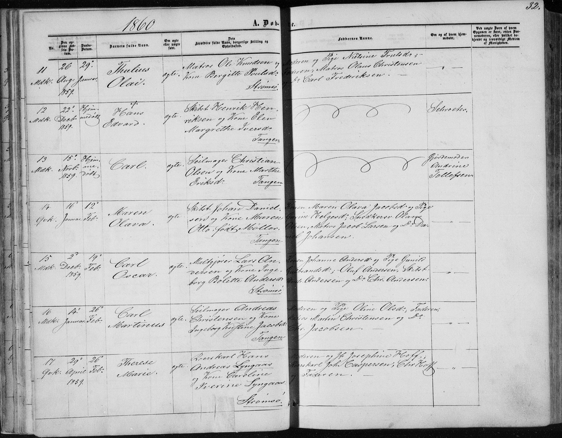 Strømsø kirkebøker, AV/SAKO-A-246/F/Fa/L0015: Ministerialbok nr. I 15, 1859-1868, s. 32
