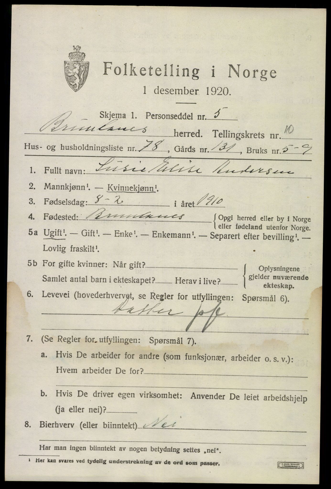SAKO, Folketelling 1920 for 0726 Brunlanes herred, 1920, s. 9259