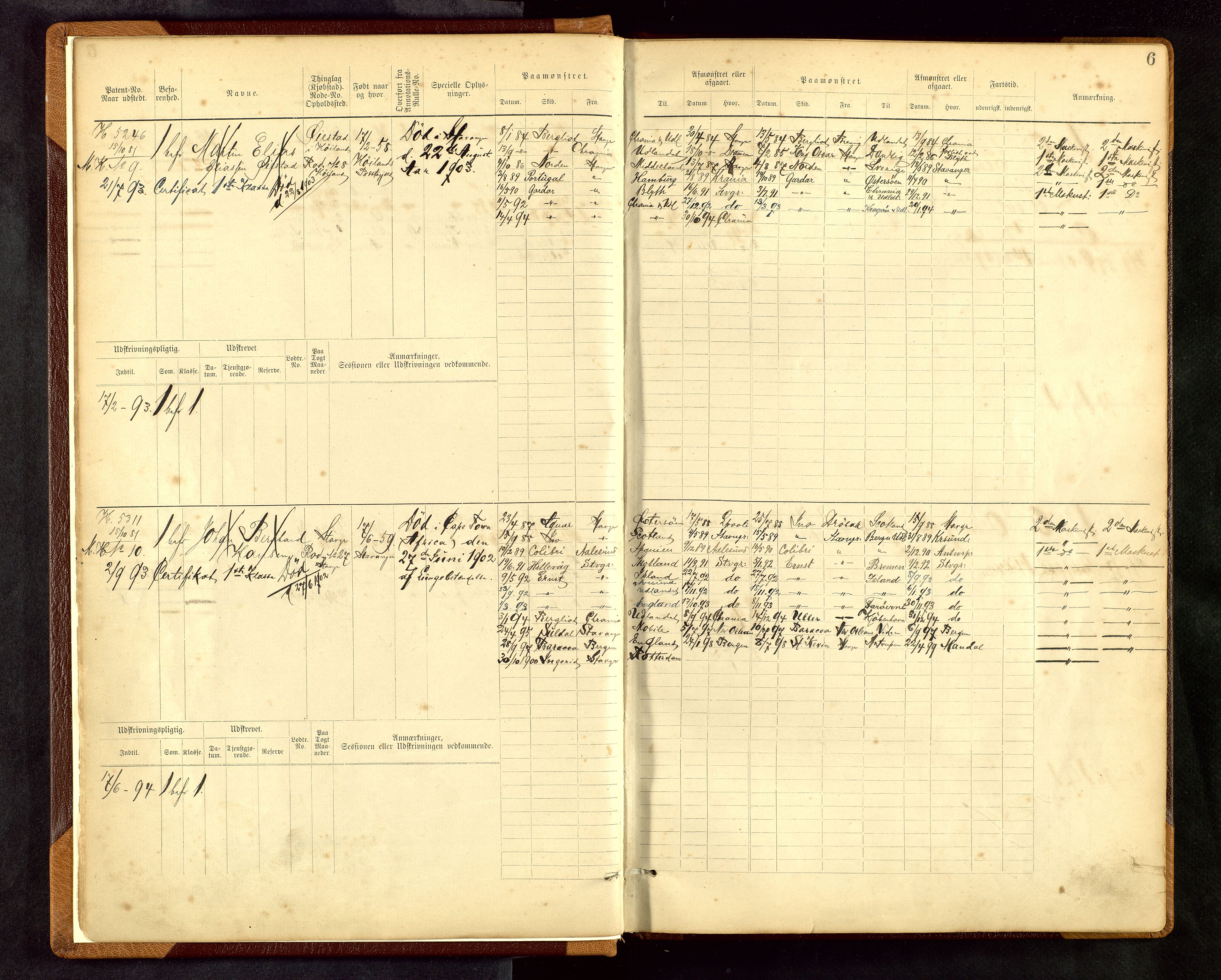 Stavanger sjømannskontor, AV/SAST-A-102006/F/Fe/L0001: Maskinist- og fyrbøterrulle, patentnr. 1-58/1-194, 1884-1894, s. 9