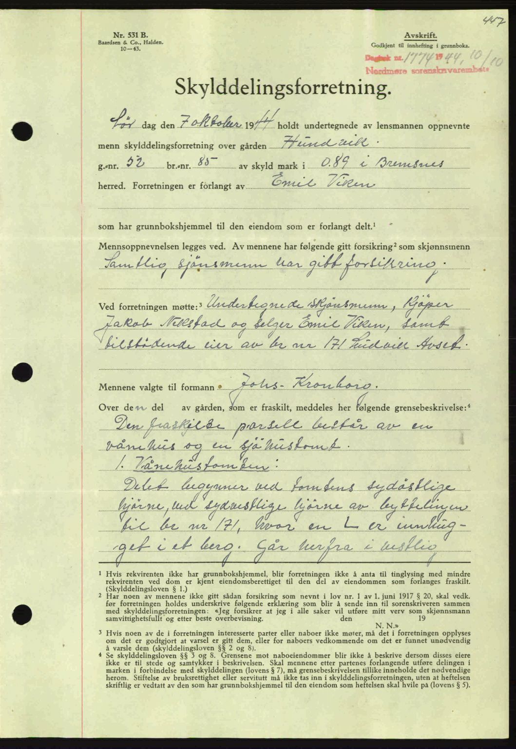 Nordmøre sorenskriveri, AV/SAT-A-4132/1/2/2Ca: Pantebok nr. A98, 1944-1944, Dagboknr: 1774/1944