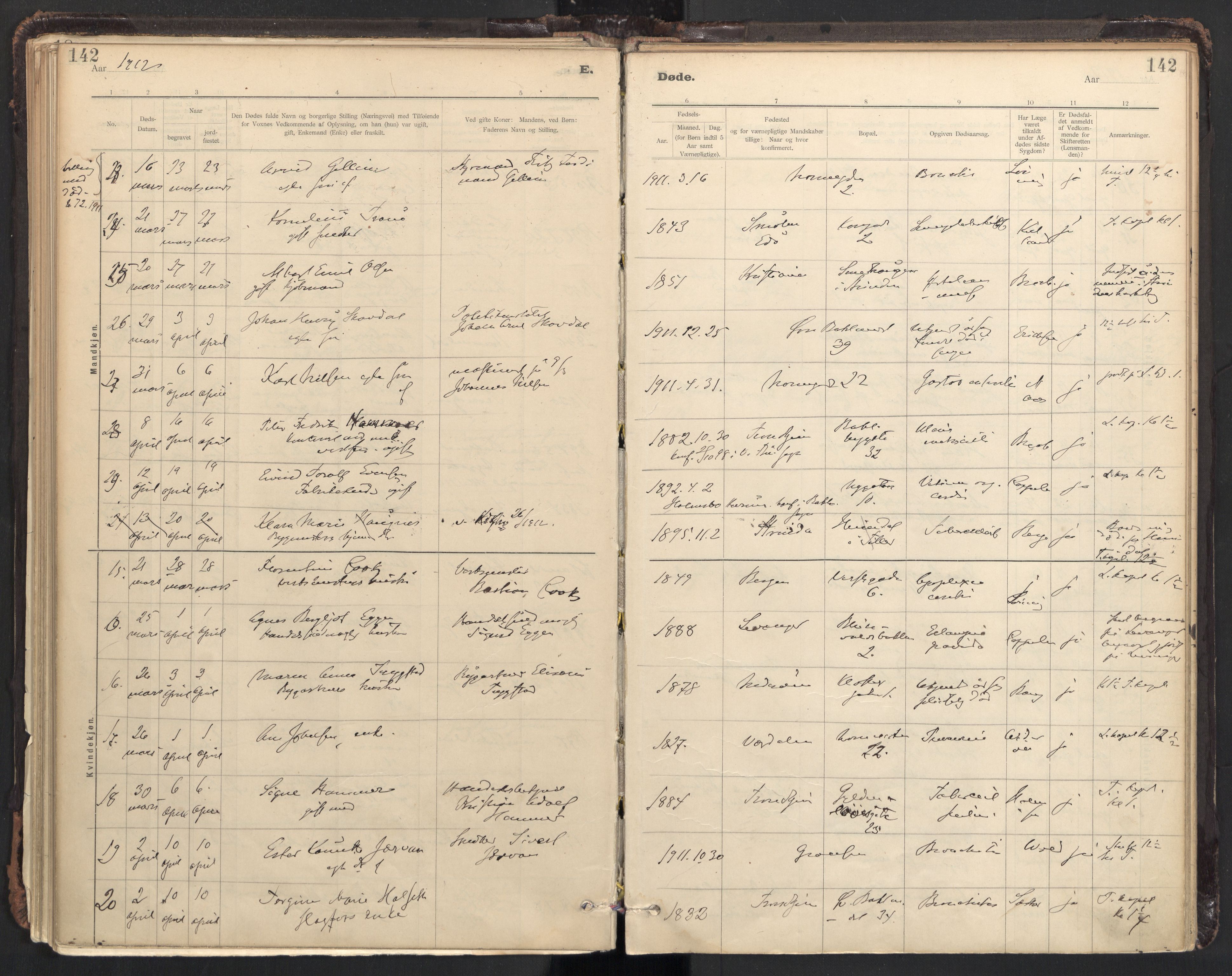 Ministerialprotokoller, klokkerbøker og fødselsregistre - Sør-Trøndelag, SAT/A-1456/604/L0204: Ministerialbok nr. 604A24, 1911-1920, s. 142