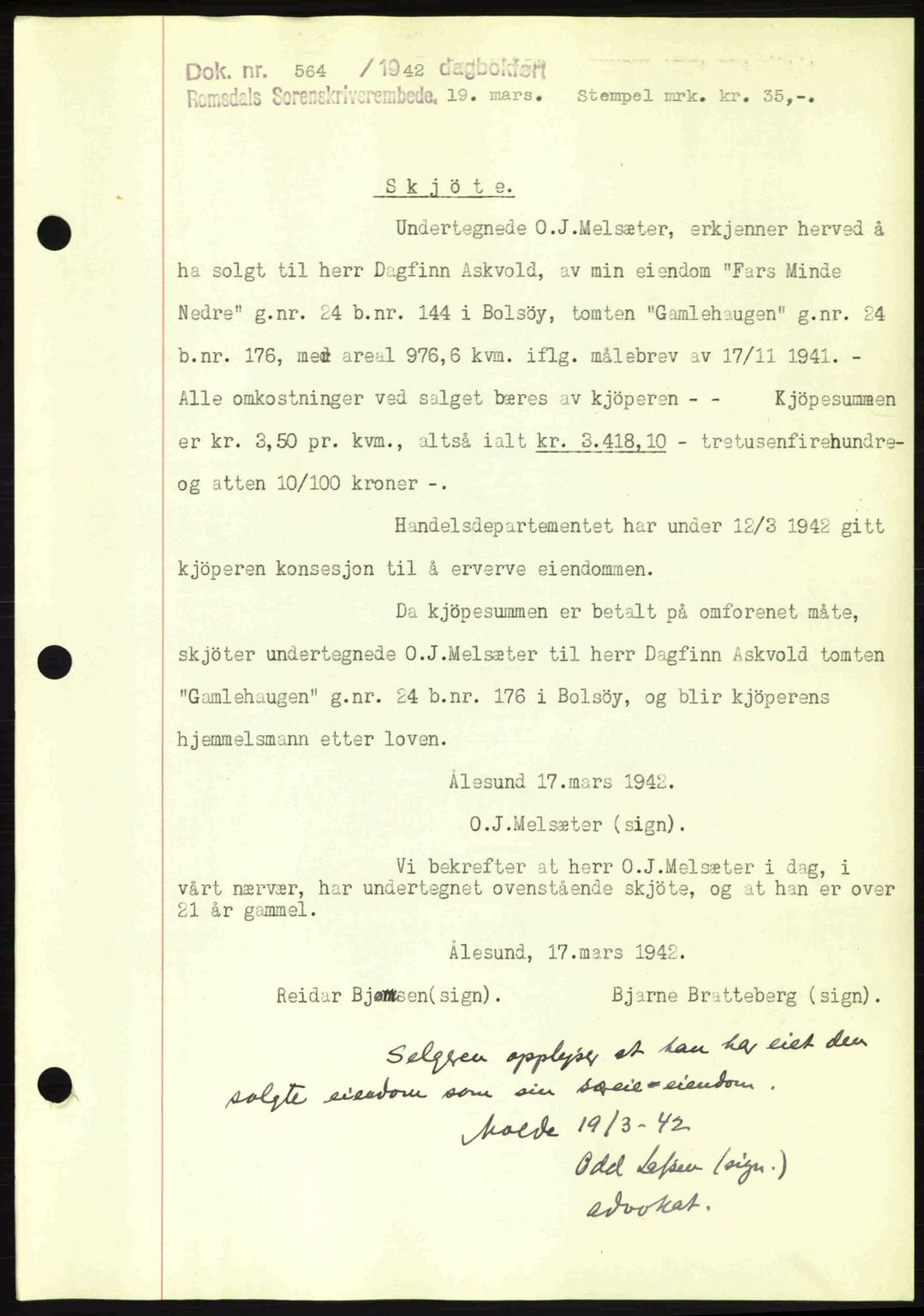 Romsdal sorenskriveri, SAT/A-4149/1/2/2C: Pantebok nr. A12, 1942-1942, Dagboknr: 564/1942