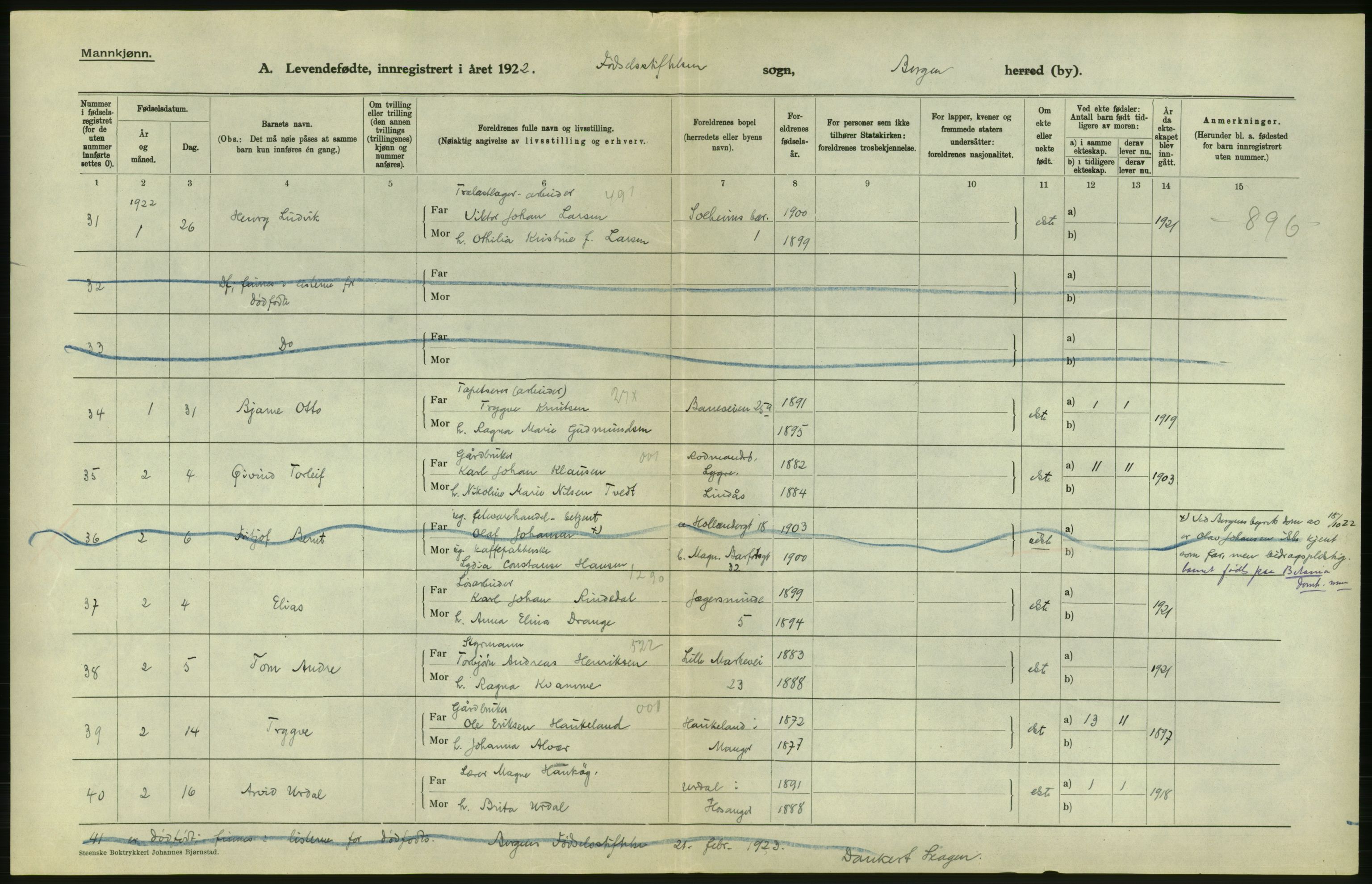 Statistisk sentralbyrå, Sosiodemografiske emner, Befolkning, AV/RA-S-2228/D/Df/Dfc/Dfcb/L0029: Bergen: Levendefødte menn og kvinner., 1922, s. 8