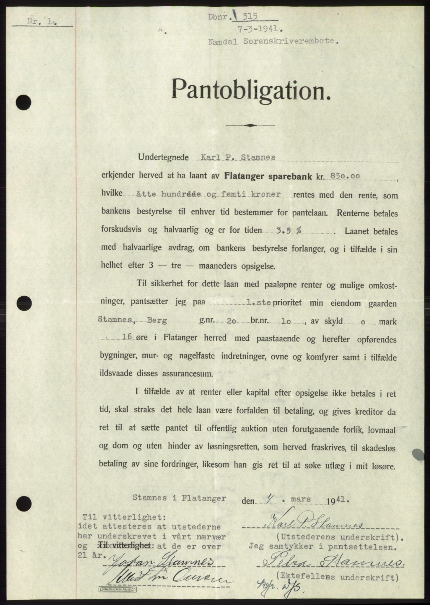 Namdal sorenskriveri, SAT/A-4133/1/2/2C: Pantebok nr. -, 1940-1941, Tingl.dato: 07.03.1941