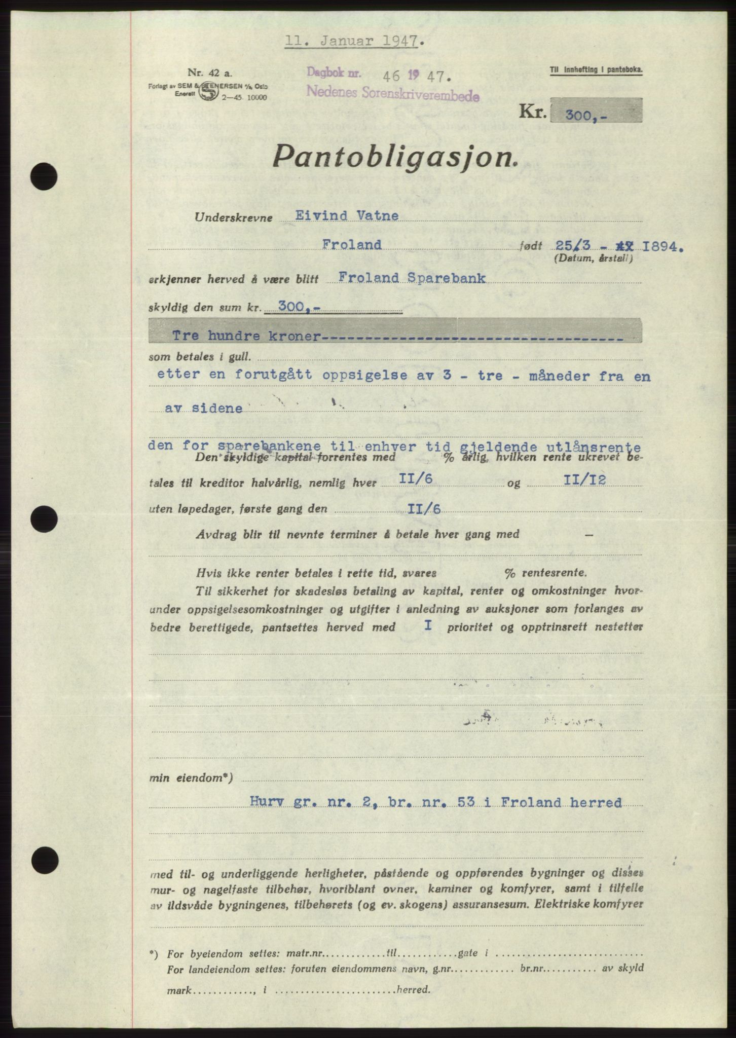 Nedenes sorenskriveri, SAK/1221-0006/G/Gb/Gbb/L0004: Pantebok nr. B4, 1947-1947, Dagboknr: 46/1947