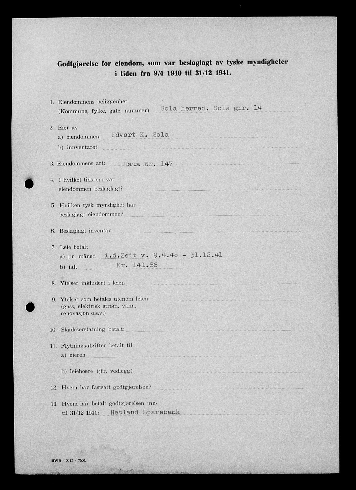 Justisdepartementet, Tilbakeføringskontoret for inndratte formuer, AV/RA-S-1564/I/L1015: Godtgjørelse for beslaglagt eiendom, 1940-1941, s. 208