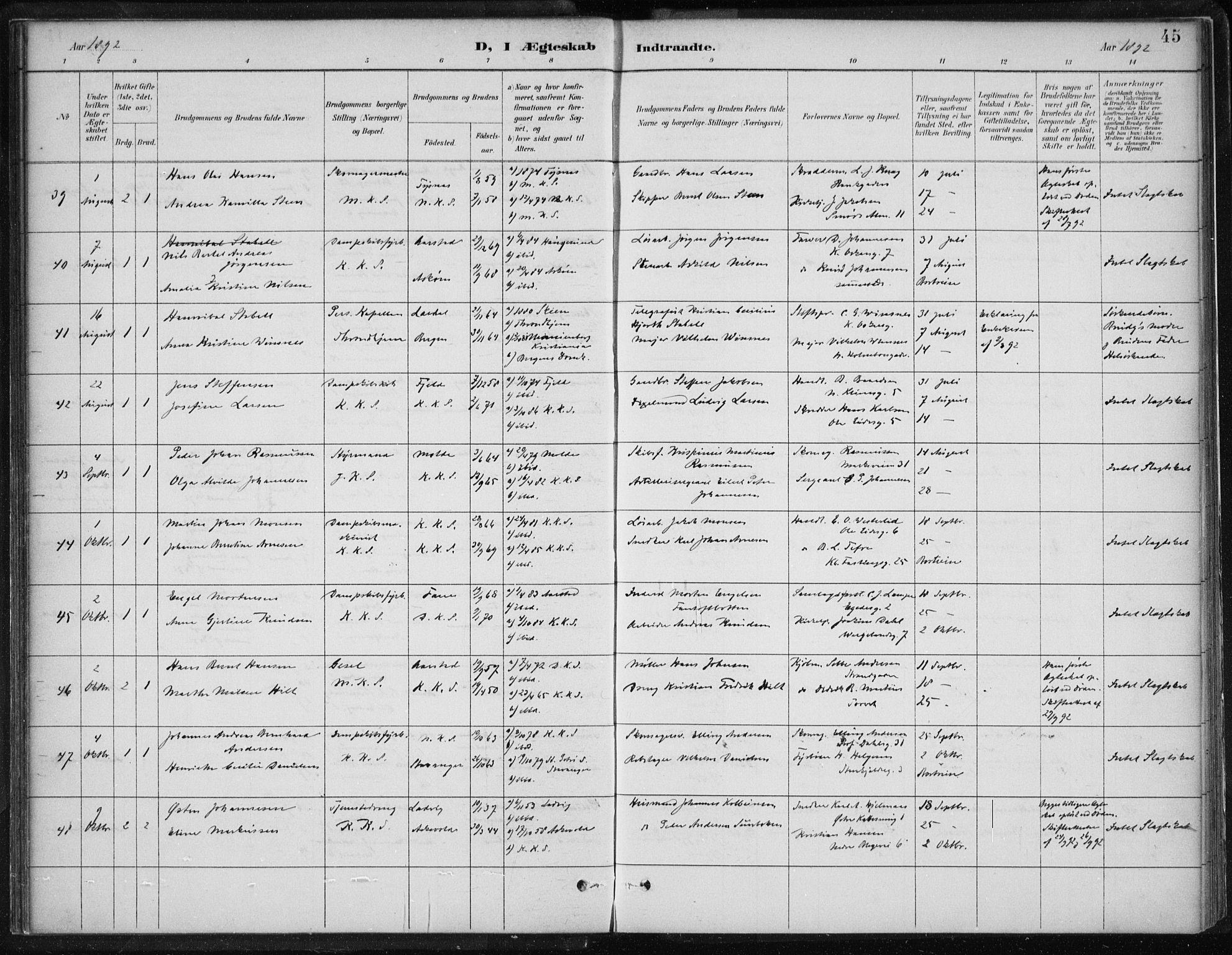 Korskirken sokneprestembete, AV/SAB-A-76101/H/Hab: Klokkerbok nr. D 3, 1887-1906, s. 45