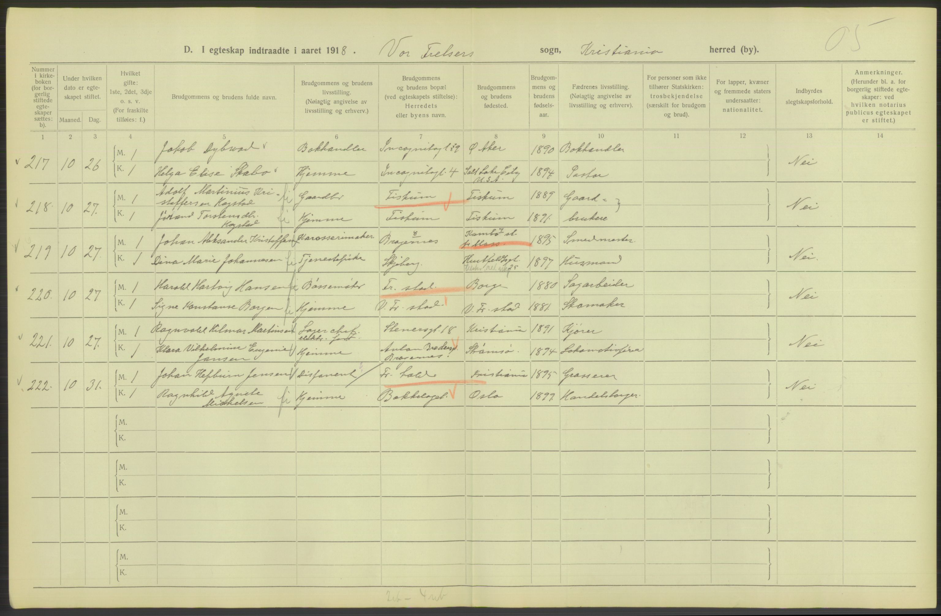 Statistisk sentralbyrå, Sosiodemografiske emner, Befolkning, AV/RA-S-2228/D/Df/Dfb/Dfbh/L0009: Kristiania: Gifte, 1918, s. 102