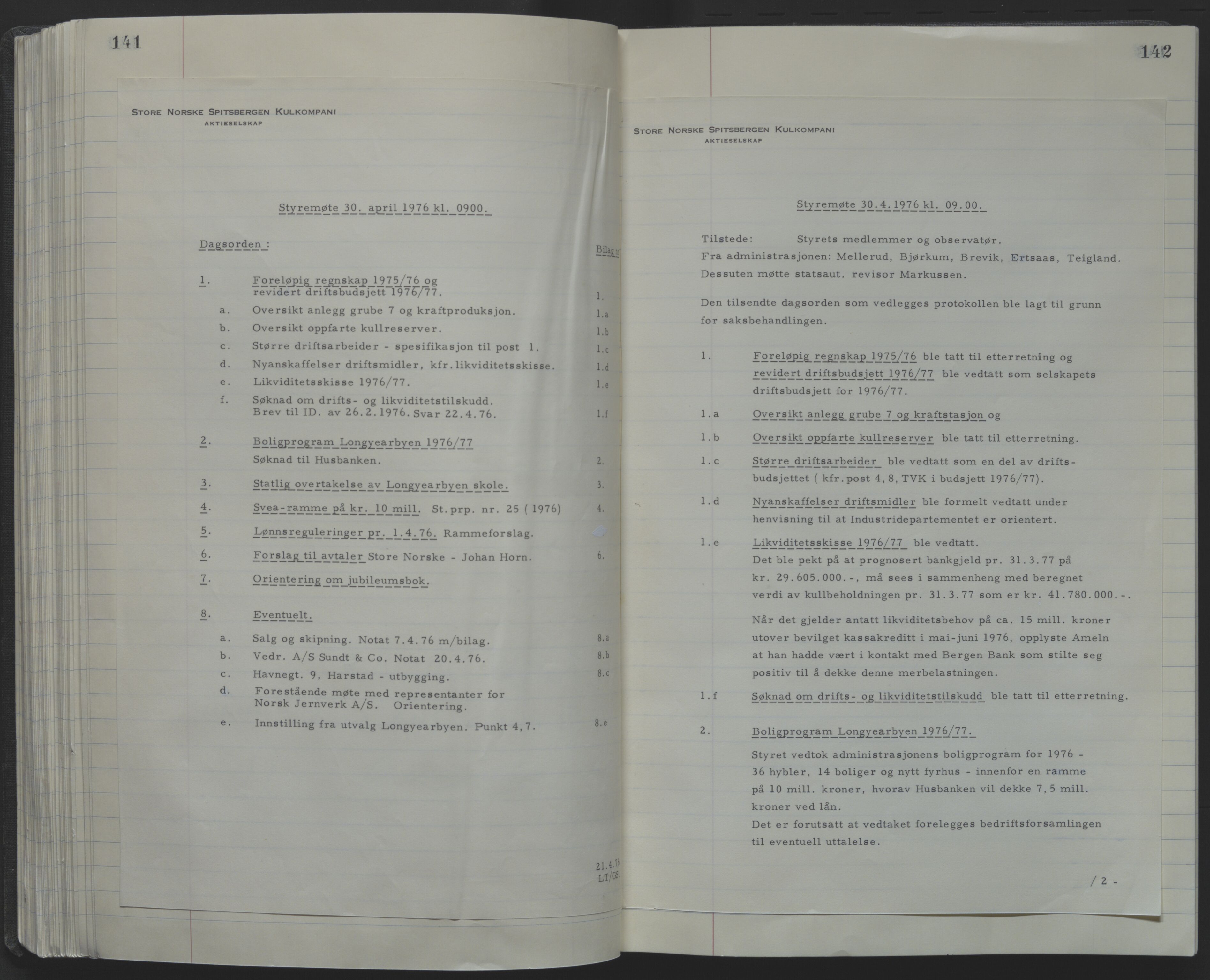 Store Norske Spitsbergen Kulkompani A/S, AV/SATØ-P-0073/09/A/Ab/Aba/L0001: Styreprotokoll 6, 1970-1979, s. 141-142