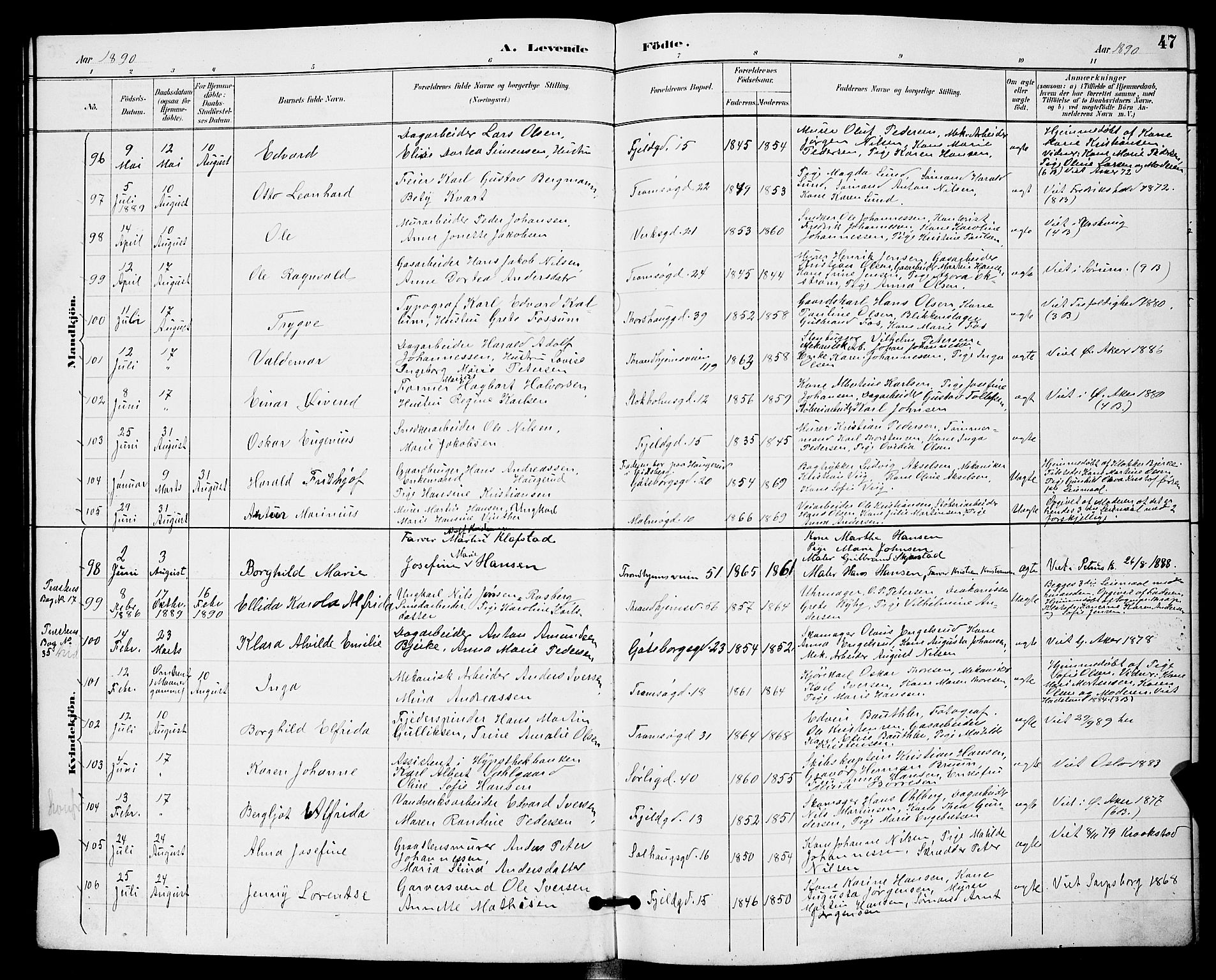 Petrus prestekontor Kirkebøker, AV/SAO-A-10872/G/Ga/L0002: Klokkerbok nr. 2, 1888-1899, s. 47