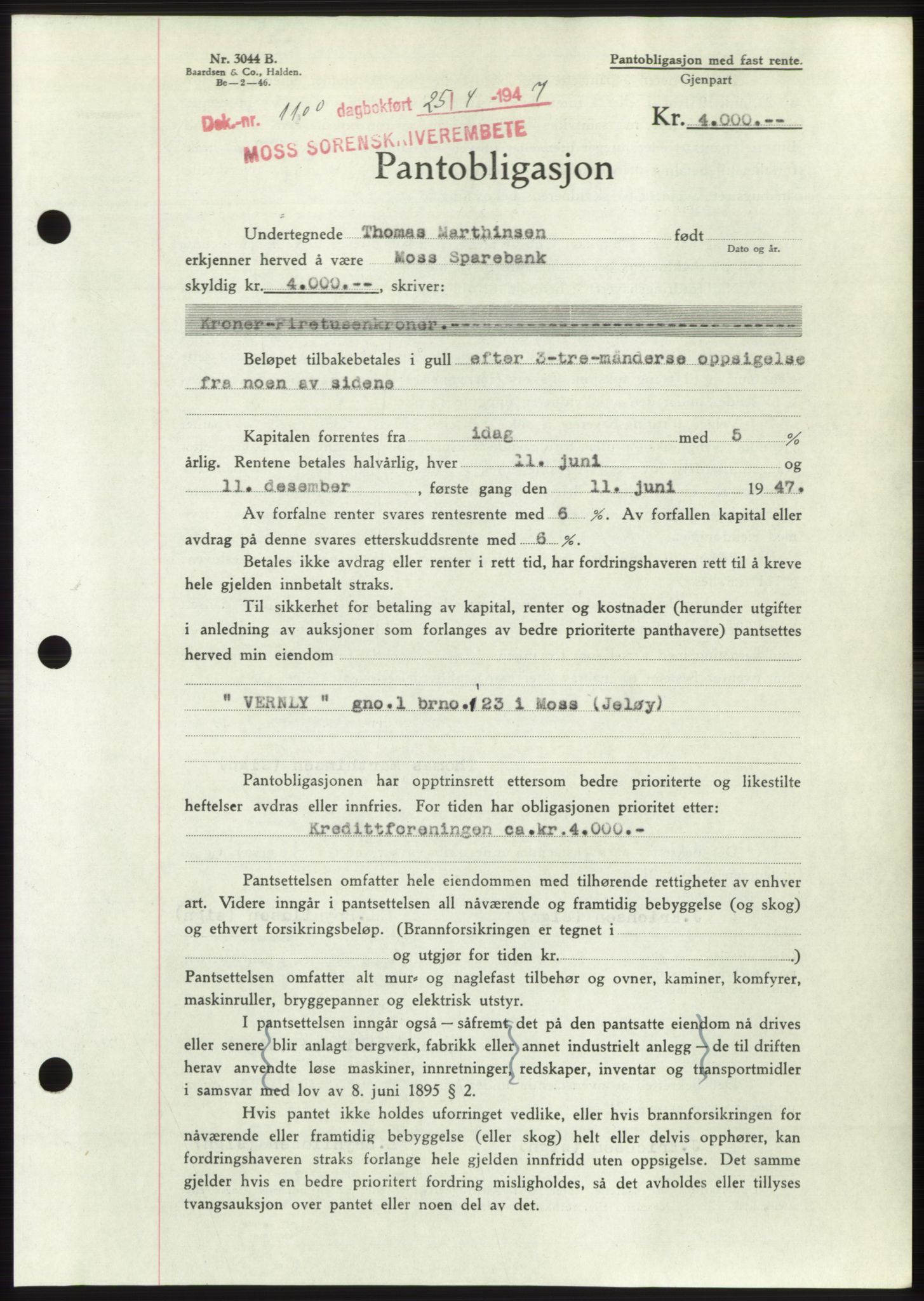 Moss sorenskriveri, SAO/A-10168: Pantebok nr. B17, 1947-1947, Dagboknr: 1100/1947
